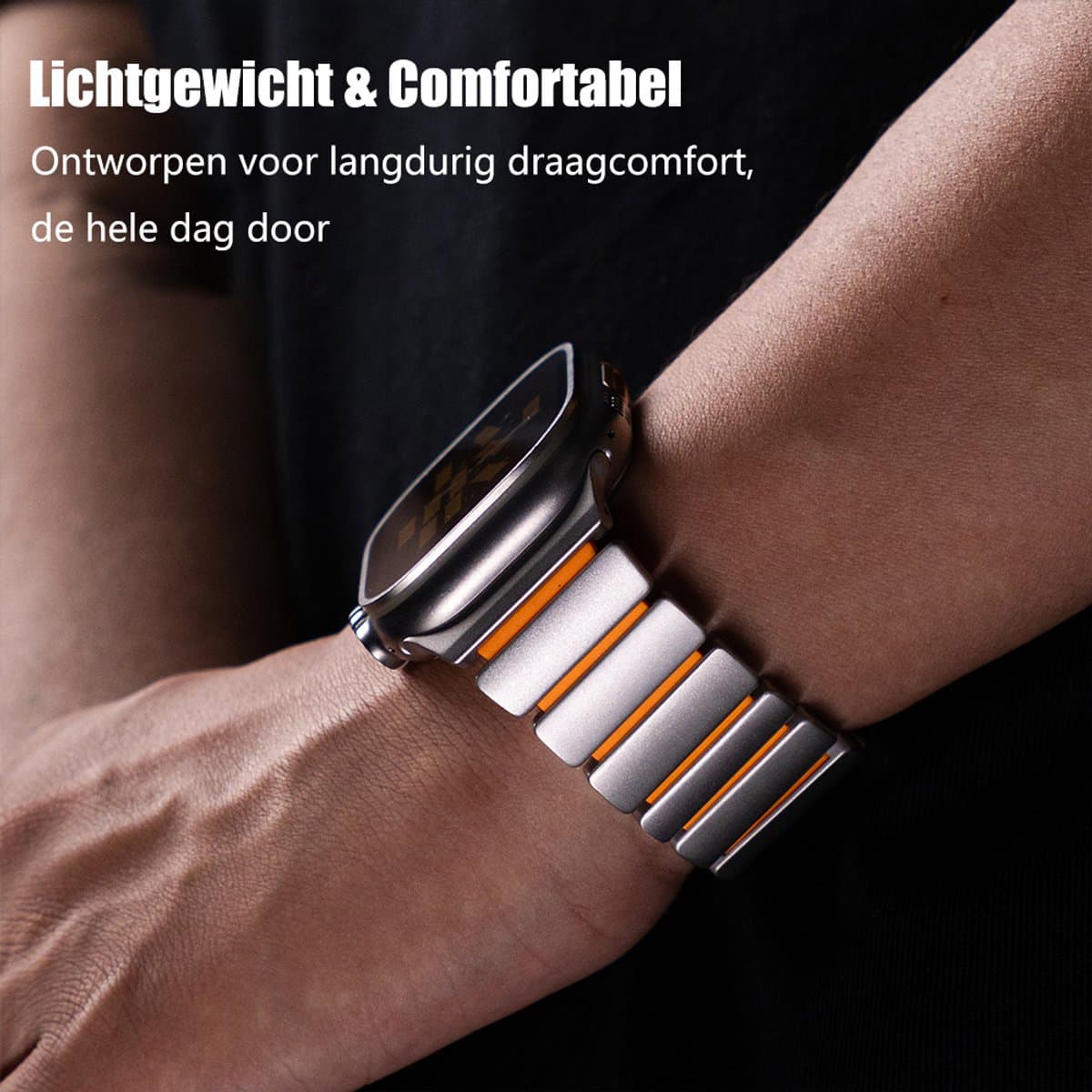 Stravo Premium Magnetisch Titanium Horlogeband met Siliconen Binnenlaag voor Apple Watch 46mm (Series 10/11) / 45mm (Series 7/8/9) / 44mm (Series 4/5/6/SE) / 49mm (Ultra 1/2/3) – Luxe bandje - Zwart / oranje thumbnail 6