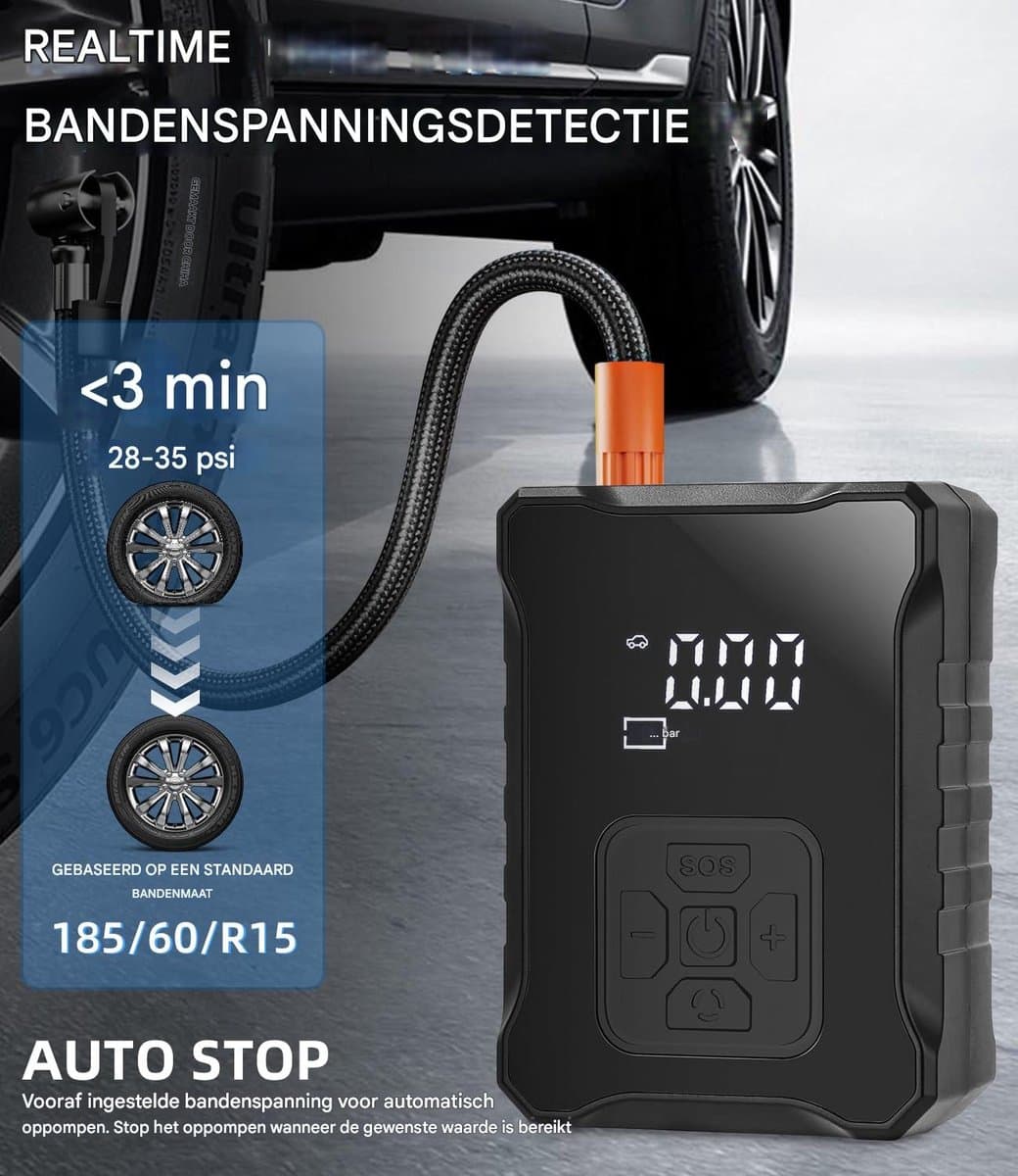 Elektrische Luchtpomp 150 PSI - Draadloze Autopomp met LED Display - 3600 mAh Accu - Voor Auto, Fiets, Motor, Ballen en Opblaasbaar Speelgoed - SOS Licht en Powerbank Functie thumbnail 5