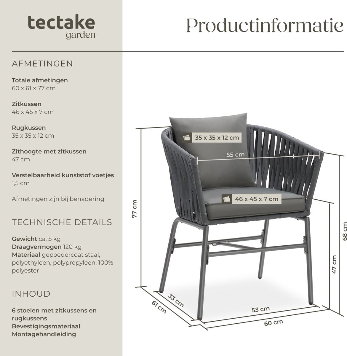 tectake® Tuinstoelen Valeiras - Set van 6 - Metalen Buitenstoel met Rope Design - Terrasstoel met Armleuningen - Tuinstoel - Tuin Fauteuil - Tuinmeubels - Tuinset met Waterafstotende Kussens en Verstelbare Poten thumbnail 4