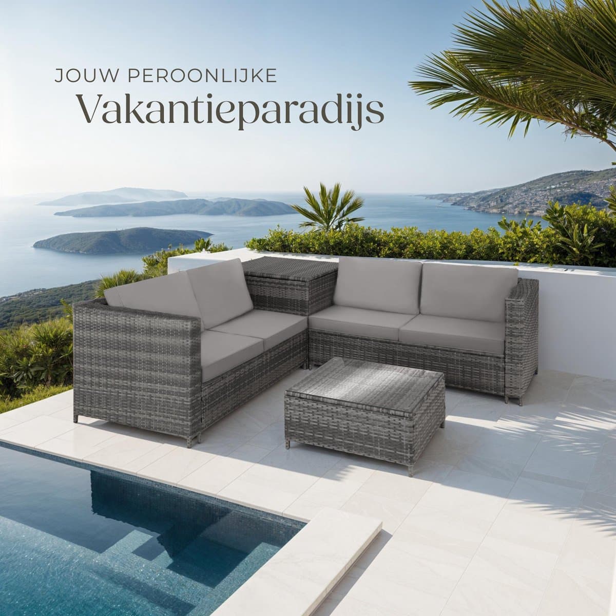 tectake® Wicker zitgroep - Tuinmeubelset - 2 banken met extra dikke kussens - Tafel met glazen blad - Tuinmeubelen voor terras - Tuin - Balkon - Buitenmeubels - Inclusief opbergbox - Maximale belasting bank 200 kg en tafel 45 kg - Grijs thumbnail 2