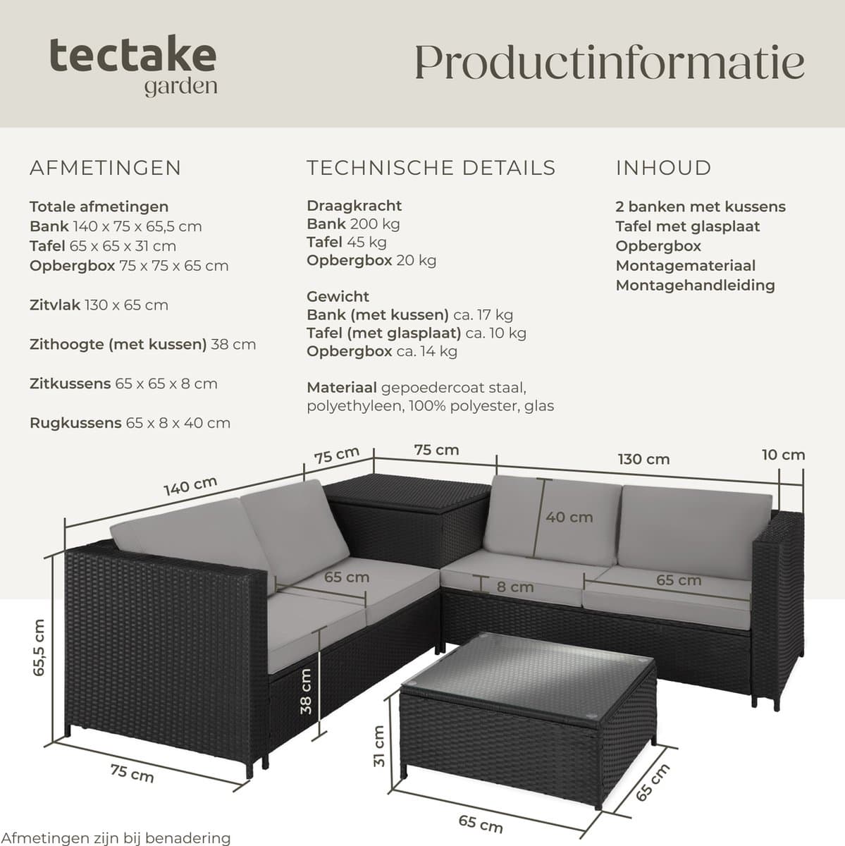 tectake® Wicker zitgroep - Tuinmeubelset - 2 banken met extra dikke kussens - Tafel met glazen blad - Tuinmeubelen voor terras - Tuin - Balkon - Buitenmeubels - Inclusief opbergbox - Maximale belasting bank 200 kg en tafel 45 kg - Zwart thumbnail 7