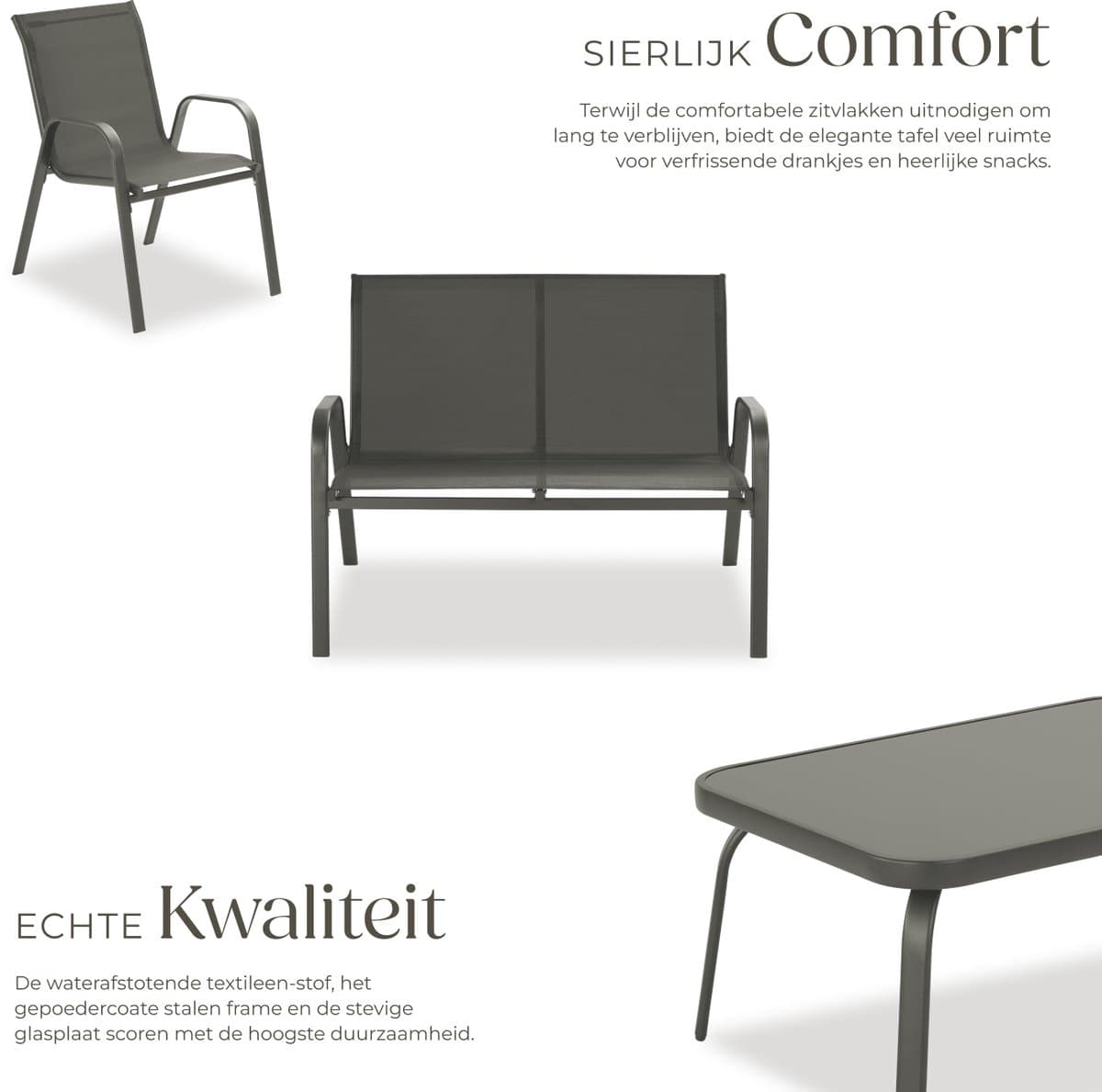 tectake® Tuinset Nora - Moderne Zitgroep voor 4 Personen - Loungeset met Tuinbank en 2 Tuinstoelen van Ademend, Waterafstotend Textileen-Weefsel - Balkonset Met Bijzettafel - Luxe Tuinmeubelset - Antraciet thumbnail 5