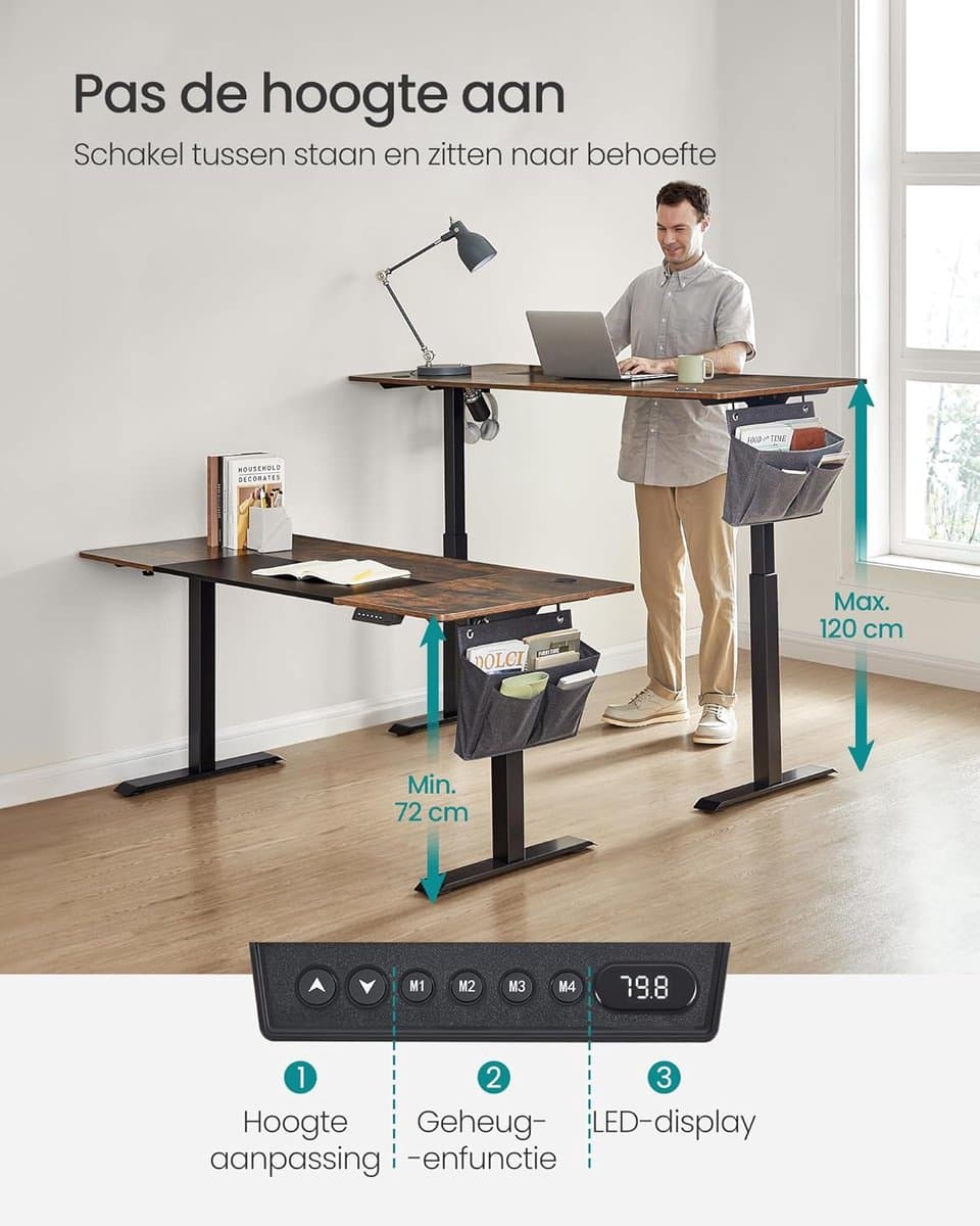 Elektrisch Zit-Sta Bureau – 70x160x(72–120) cm – In Hoogte Verstelbaar – 4 Geheugenstanden – Vintage Bruin/Zwart – Geluidsarm <50 dB – Kabelmanagement – Opbergvak – Draagkracht 80 kg thumbnail 7