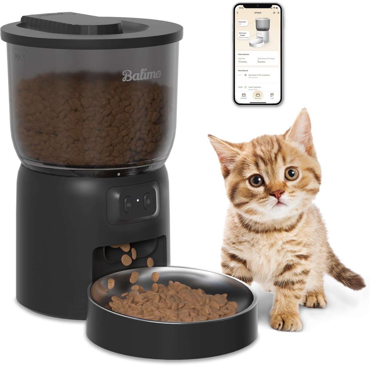 Balimo Automatische Voerbak Kat - 3L - Inclusief 1 RVS Voerbakken - Voerautomaat Met App - WiFi - Voor Droogvoer - Eetbak voor Katten & Honden - Zwart