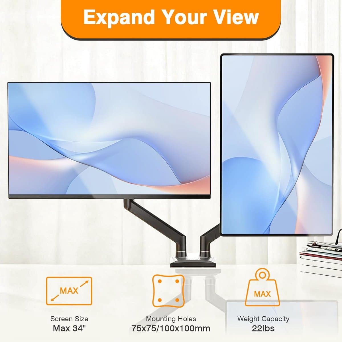 Dubbele monitorarmen, gasveer monitorarmen voor 2 monitoren tot 34 inch gebogen/plat, 22 lbs per arm, VESA-montage 75x75 100x100mm, C-klem en doorvoerbasis, verstelbare kantel/draaibaar/rotatie thumbnail 5