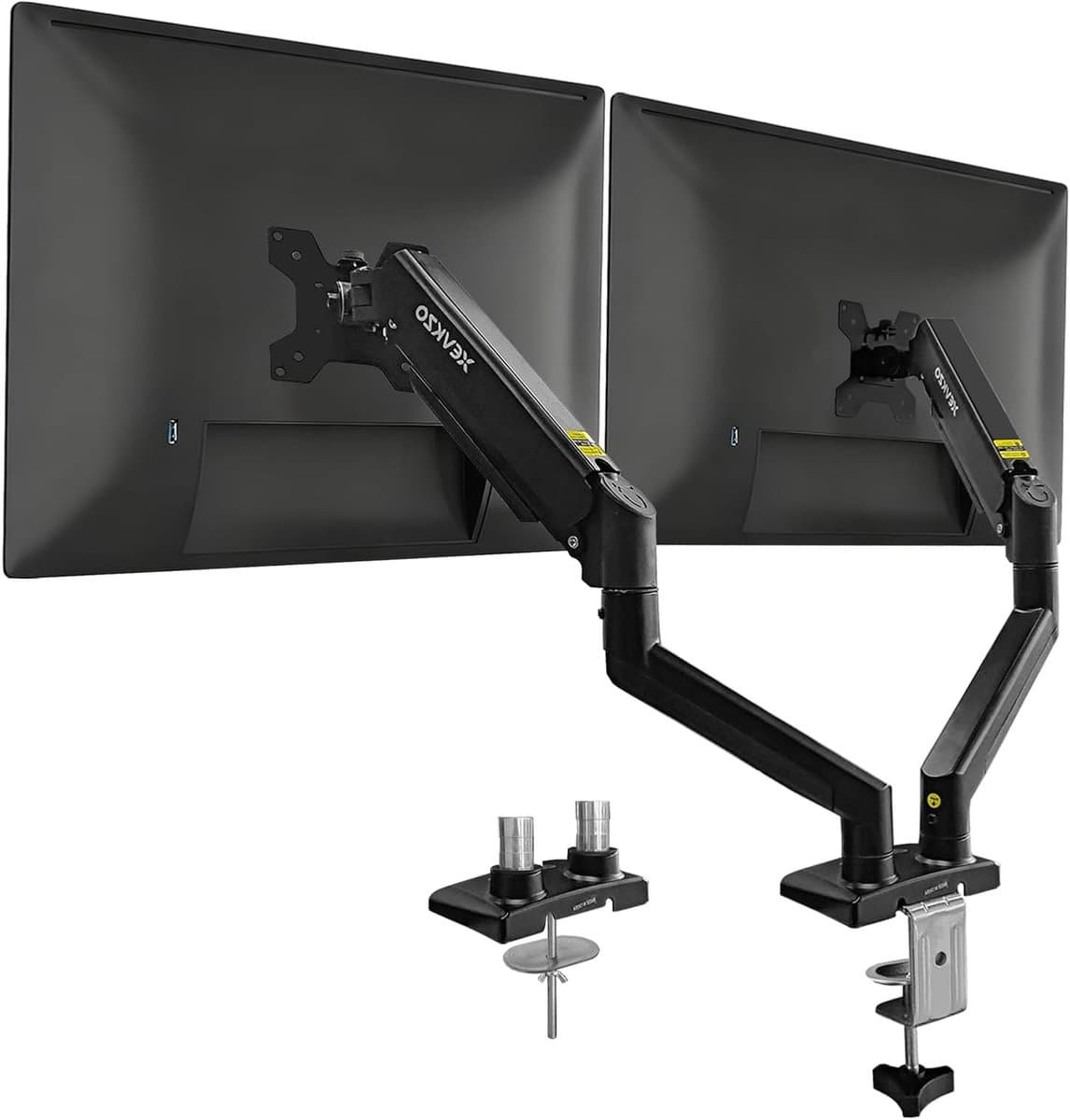 Dubbele monitorarmen, gasveer monitorarmen voor 2 monitoren tot 34 inch gebogen/plat, 22 lbs per arm, VESA-montage 75x75 100x100mm, C-klem en doorvoerbasis, verstelbare kantel/draaibaar/rotatie - afbeelding 1