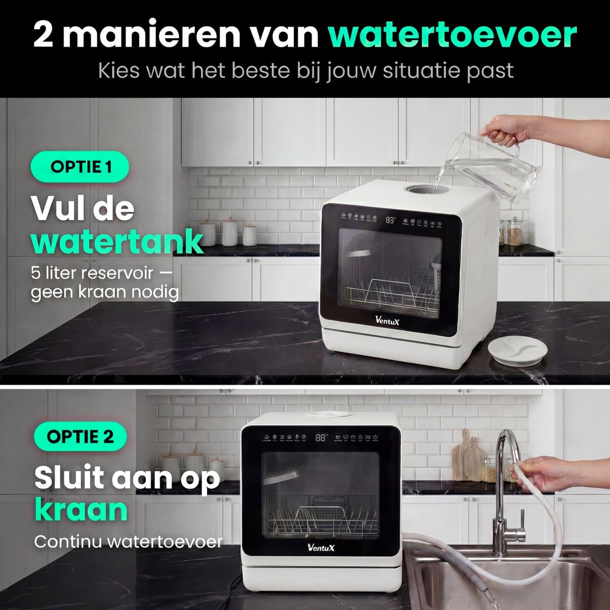 Ventux Mini Vaatwasser met Waterreservoir - 4-6 Couverts - 8 Programma's - Kleine Smalle Vrijstaande Vaatwasser - Mini Afwasmachine met UV-sterilisatie - Camping - Wit thumbnail 6