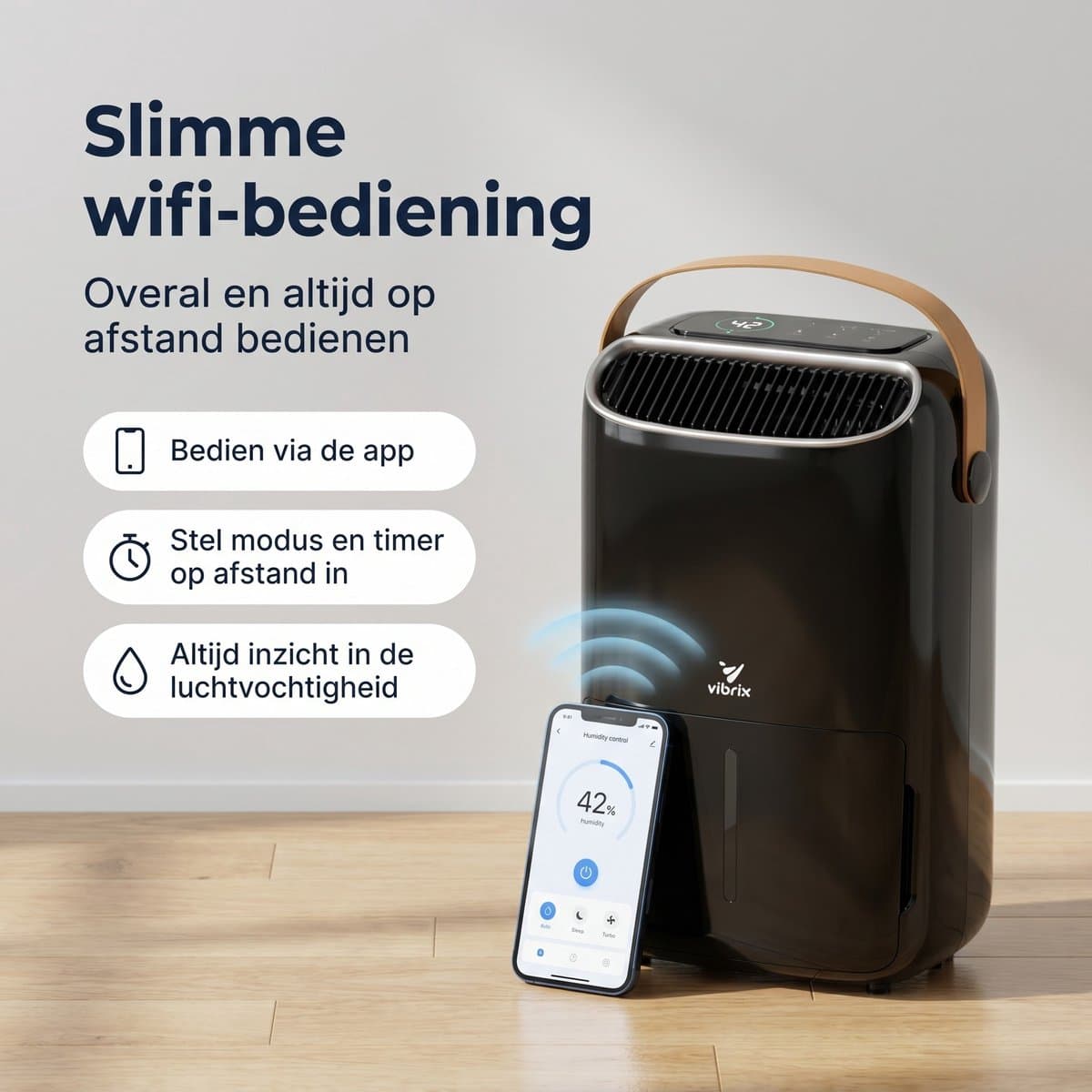 Vibrix DryFlow12 Pro Luchtontvochtiger & Luchtreiniger – 12L per dag – Bediening via App – Ionisator & UV-licht – Wasdroogfunctie – Stil & Energiezuinig – Voor Badkamer, Kelder, Zolder & Slaapkamer – Dehumidifier thumbnail 5