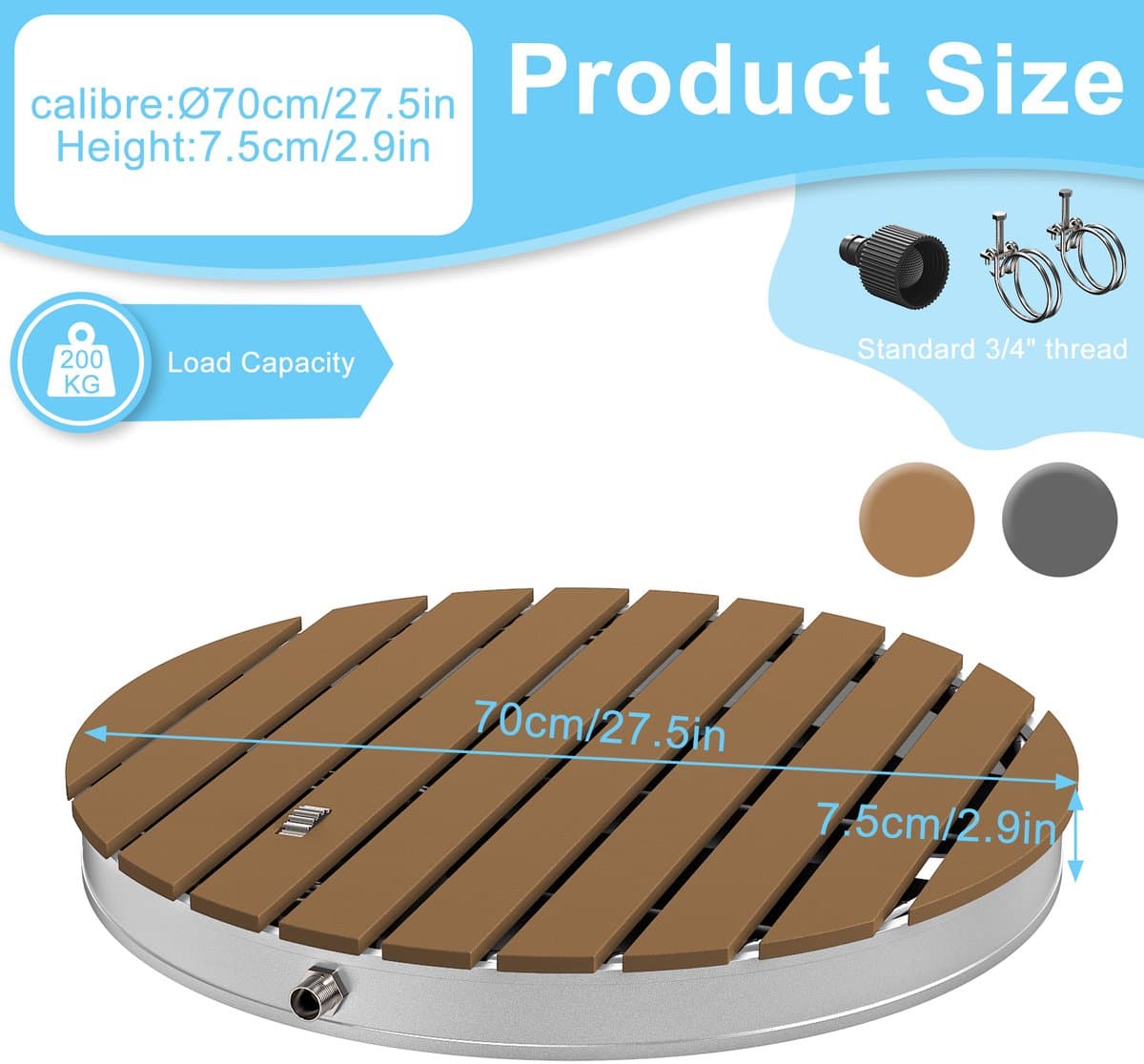 Ronde WPC Tuindouche - Ø70 cm Vloerdouche Houtlook - Antislip Buiten Douche - Campingdouche met Voetbediening - 4m Waterfontein - Voor Tuin & Zwembad thumbnail 2