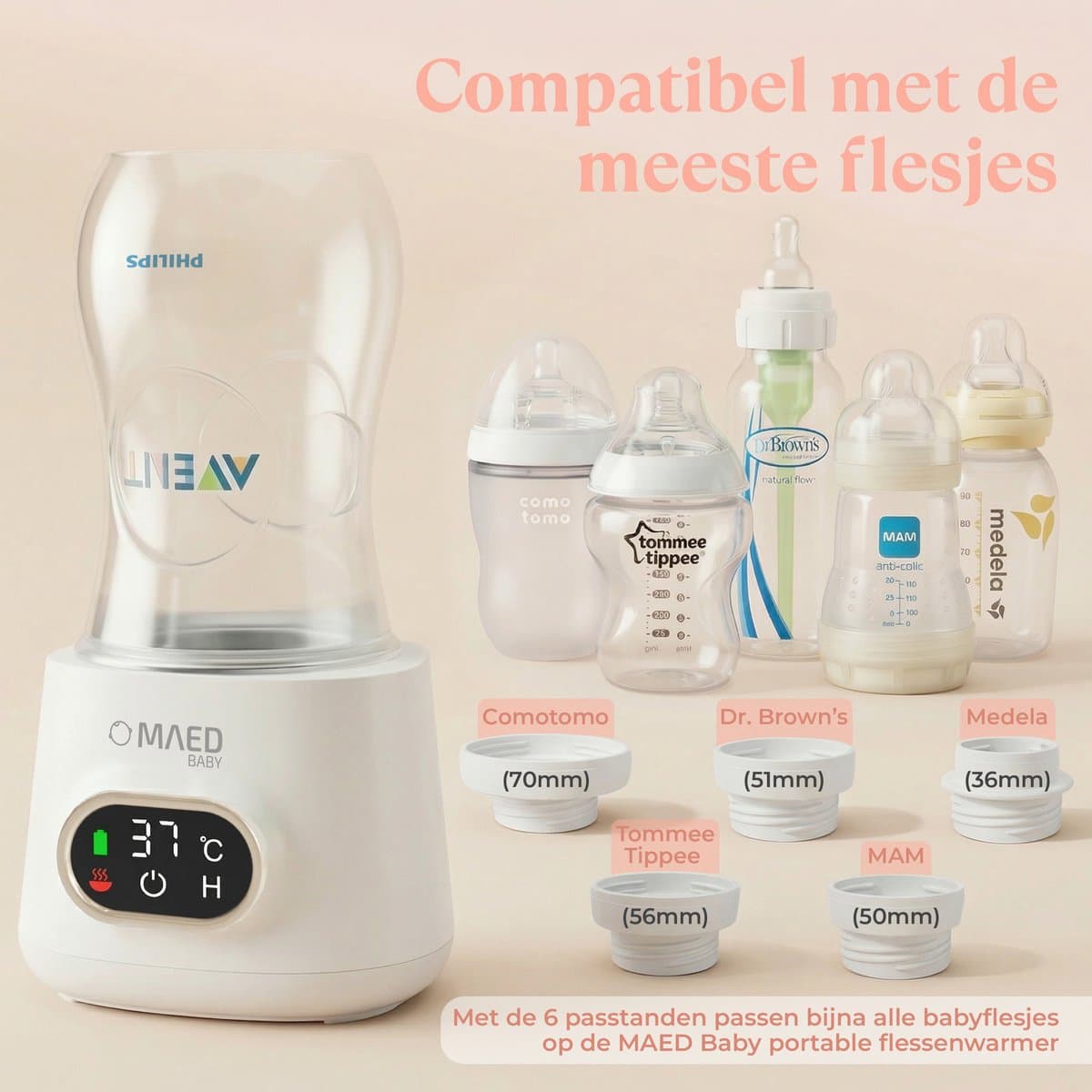 Draagbare Flessenwarmer – Flessenwarmer voor Onderweg – Binnen 3 minuten verwarmd – Draadloos – USB Oplaadbaar – 4 Temperatuurniveaus – Incl. 5 Adapters – 10.000 mAh – Compact – Timerfunctie Voor 's Nachts – Tot 12 Flesjes op 1 Batterij – MAED Baby® thumbnail 6