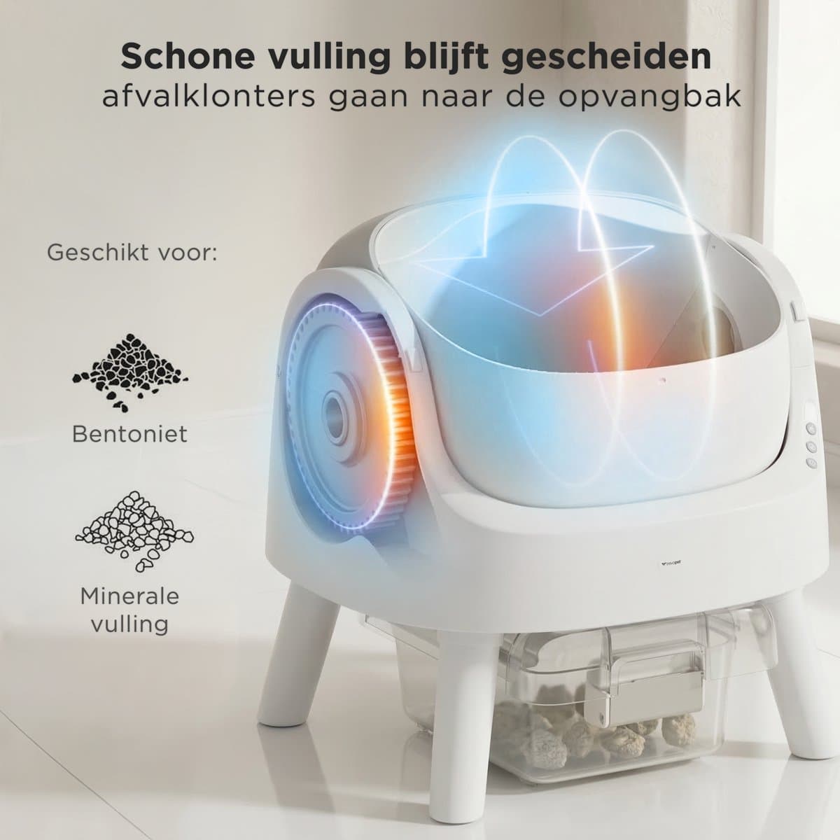 TrevoPet® Automatische Kattenbak - Zelfreinigend & Veilig - Voor Katten tot 12KG - Incl. Mat, 60 Afvalzakjes & Accessoires - 10L Afvalbak - Wit & Grijs thumbnail 7