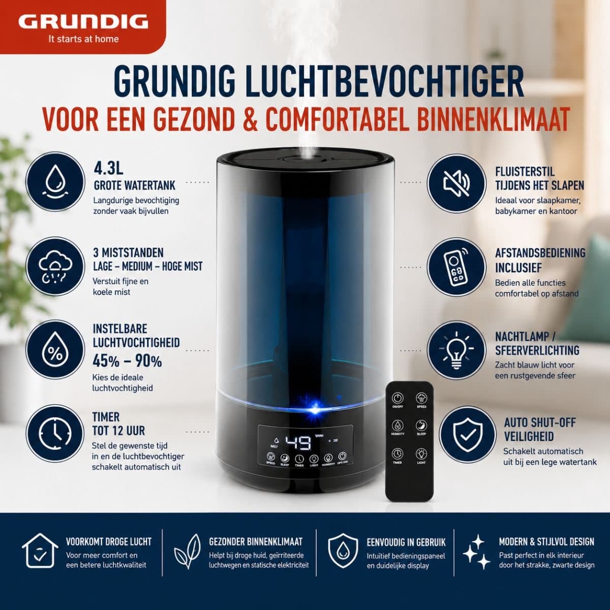 Grundig Luchtbevochtiger HD-1903A - Ultrasone Lucht Bevochtiger 4,3L - met Timer en Nachtlamp - Incl. Afstandsbediening - Zwart thumbnail 2