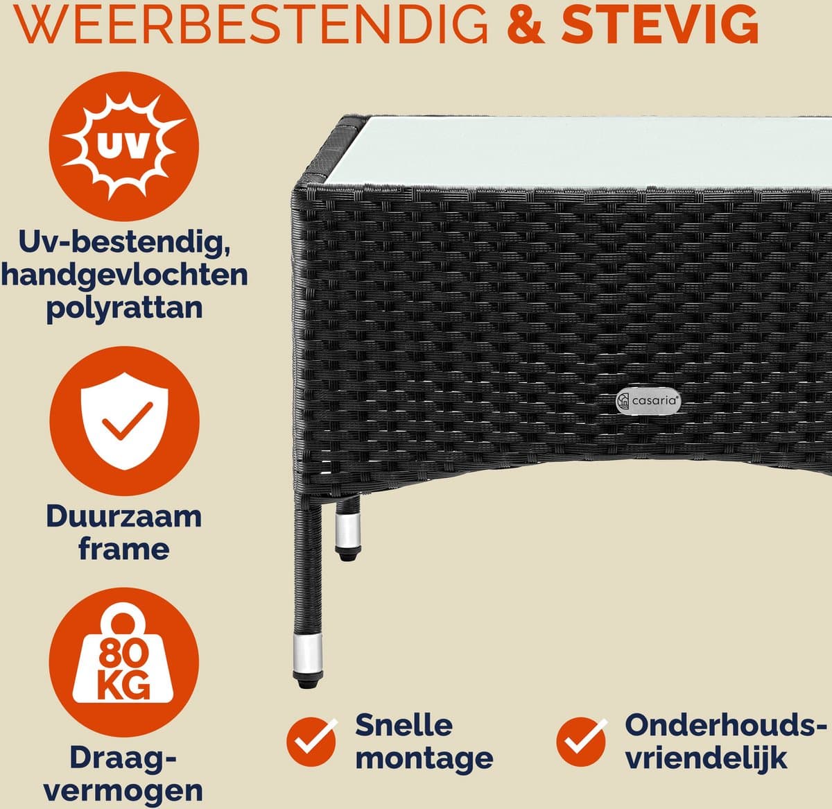 CASARIA Polyrattan Bijzettafel - Buiten 58x58x45cm - Zwart thumbnail 7