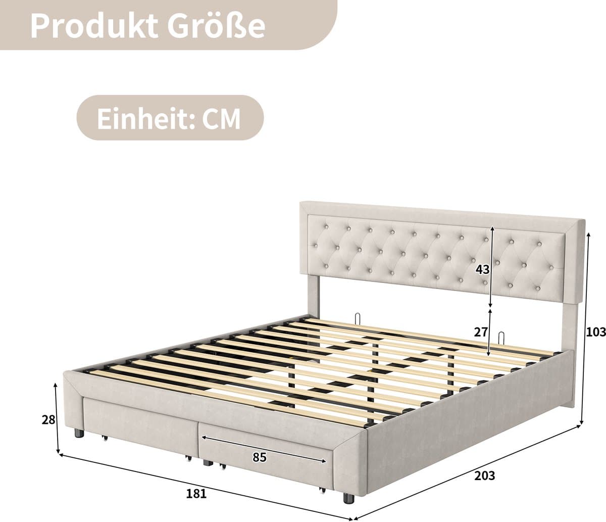 180x200 Fluwelen Opbergbed Beige – Gaslift Tweepersoonsbed met 2 Grote Lades bij Voeteneinde & Verborgen Opbergruimte – Bed 180x200 thumbnail 6