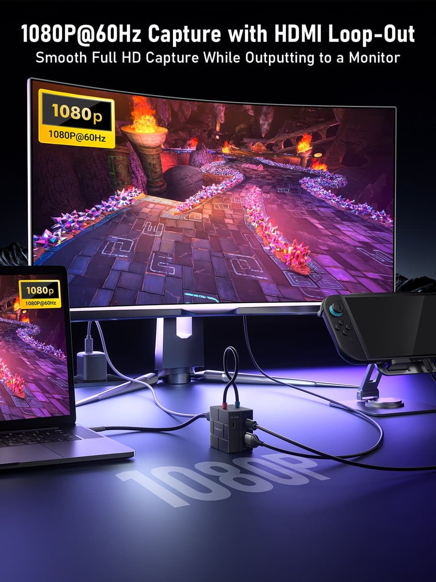 Lemorele AC12 Video Capture Card + Hub + Magnetisch – 1080P 60Hz – HDMI Passthrough – USB-C – 100W PD thumbnail 4