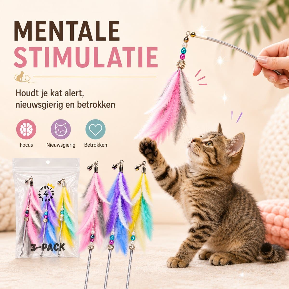 Twenty4seven® Kattenhengel 3-Pack - Kattenspeeltjes met Veer - Kattenspeelgoed - Interactief & Intelligentie - Speelgoed voor Katten & Kittens thumbnail 5