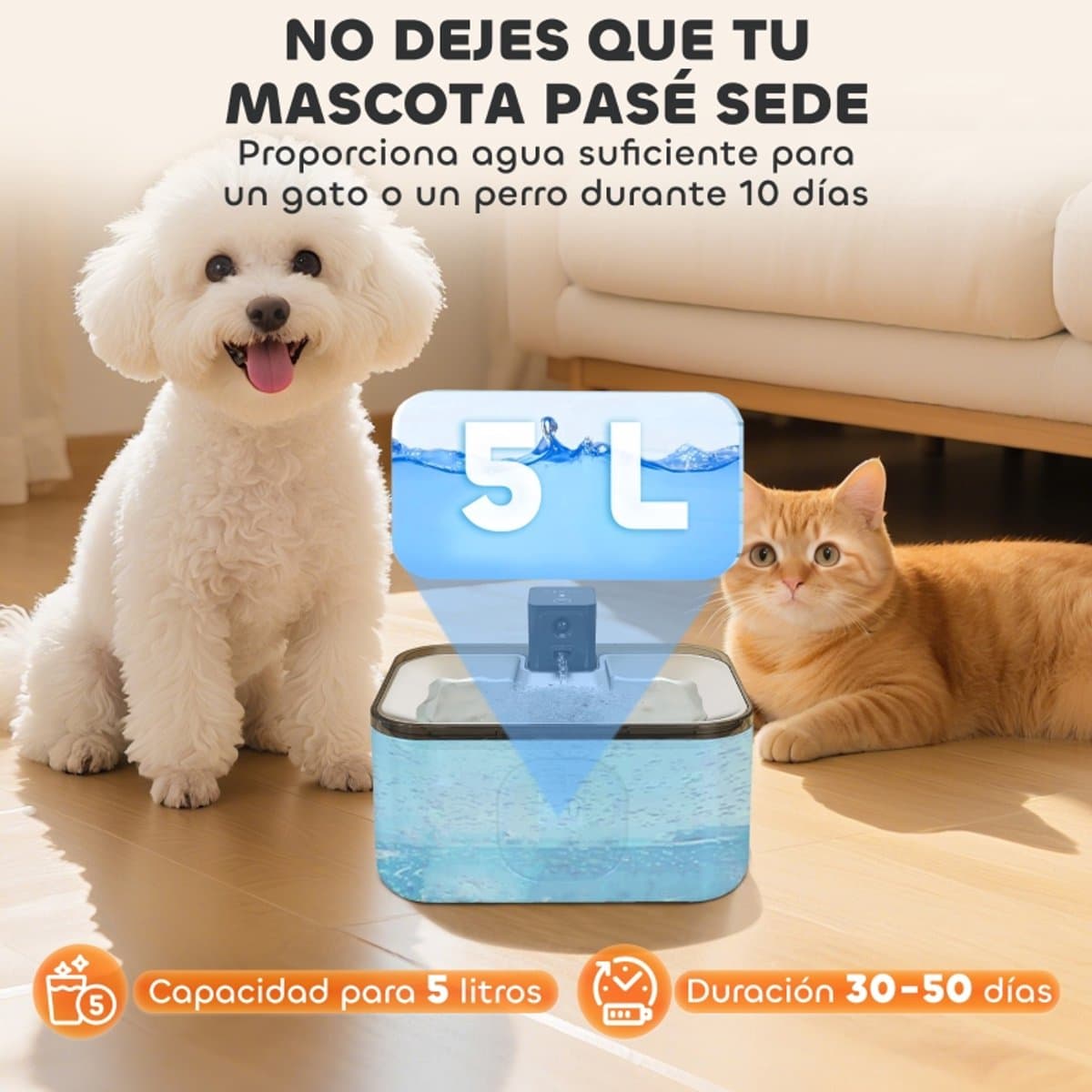 Roestvrijstalen kattenwaterbak van 5 liter – Automatische kattenwaterbak met LED-verlichting, superstille pomp en zilverfilter thumbnail 4