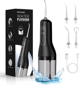 Productfoto van Waterflosser, Draadloze Monddouche met 5 Opzetstukken en 4 Reinigingsstanden, 260 ml Waterreservoir, IPX7 Waterbestendig, Draagbare Mondirrigator voor Dagelijkse Mondverzorging, Thuis en Reizen-Zwart