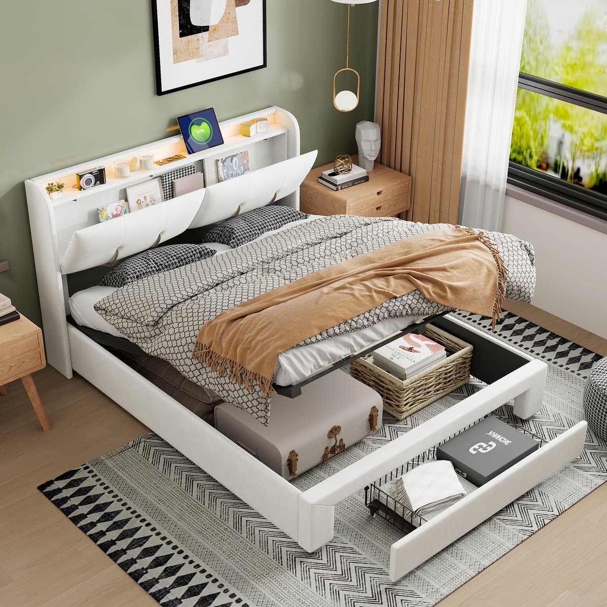 Opbergbed 160x200 cm crèmewit met opbergruimte in het hoofdbord, lade, LED-verlichting en USB-oplaadpoort, gestoffeerd tweepersoonsbed thumbnail 3