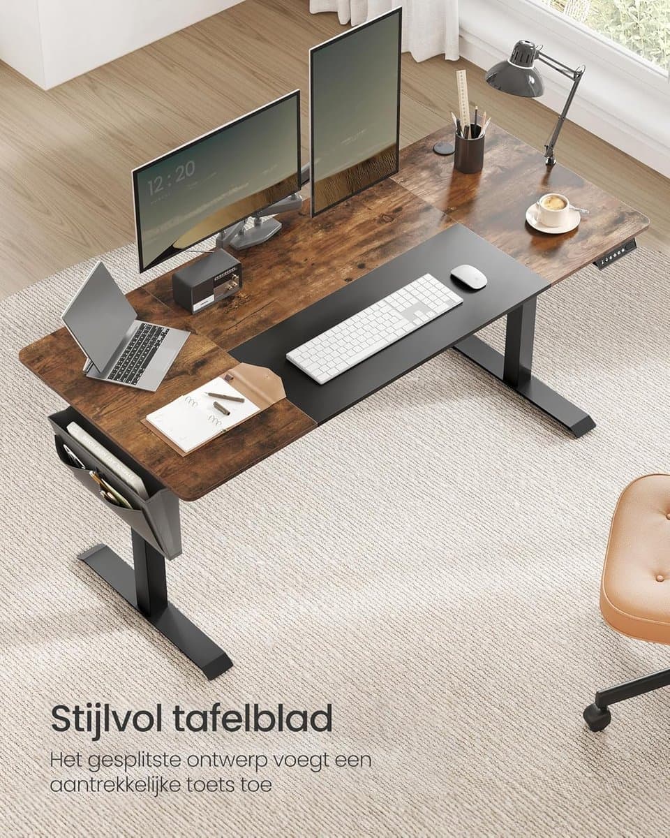 Elektrisch Zit-Sta Bureau – 70x160x(72–120) cm – In Hoogte Verstelbaar – 4 Geheugenstanden – Vintage Bruin/Zwart – Geluidsarm <50 dB – Kabelmanagement – Opbergvak – Draagkracht 80 kg thumbnail 4