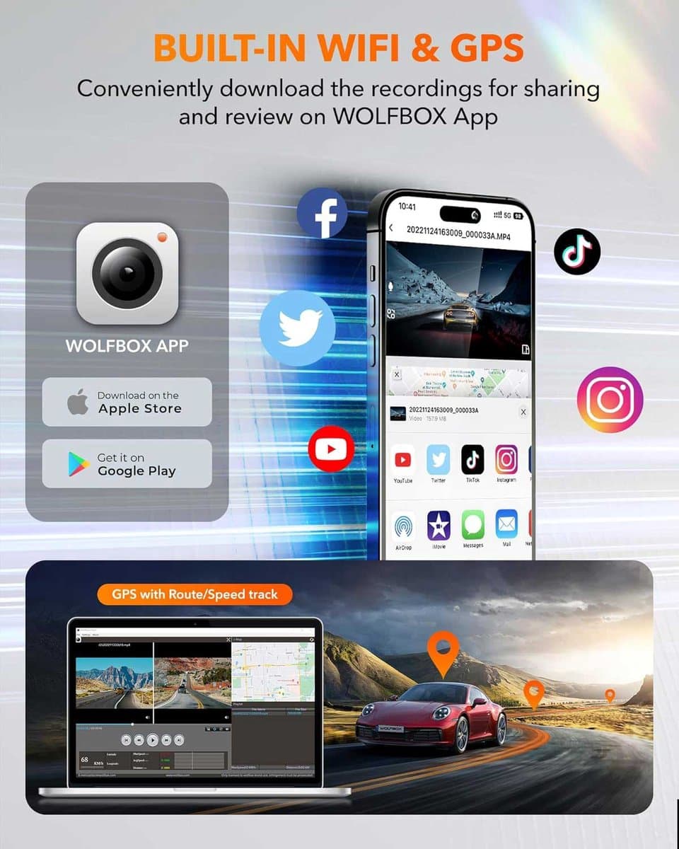 Wolfbox i05 4K Wifi Gps 2CH 32gb dashcam - Wifi met App - Parkeermodus - 4K + Full HD resolutie - Gps - 32gb Micro SD kaart - stijlvolle dashcam voor auto thumbnail 7