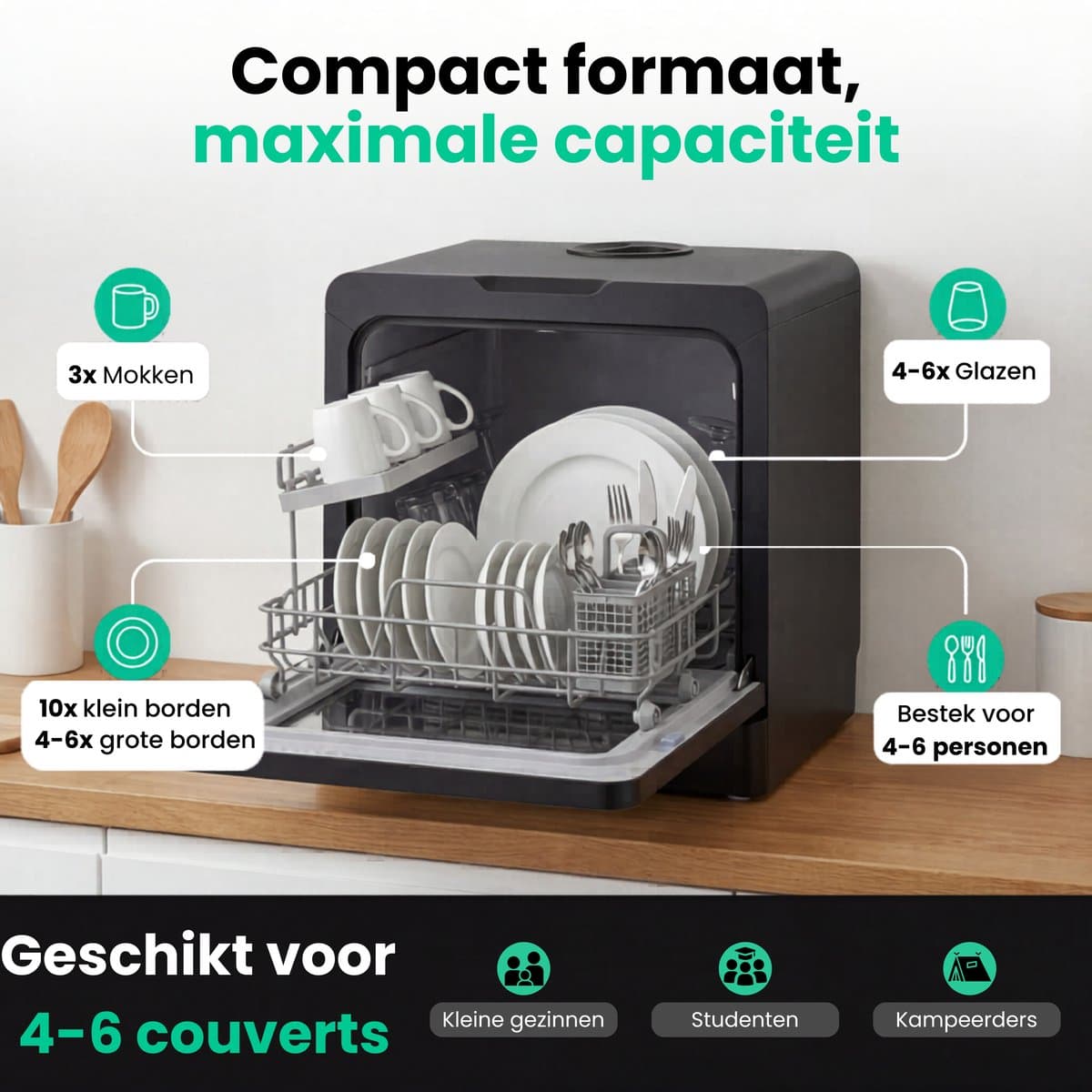 Ventux Mini Vaatwasser met Waterreservoir - 4-6 Couverts - 8 Programma's - Kleine Smalle Vrijstaande Vaatwasser - Mini Afwasmachine met UV-sterilisatie - Camping - Zwart thumbnail 3