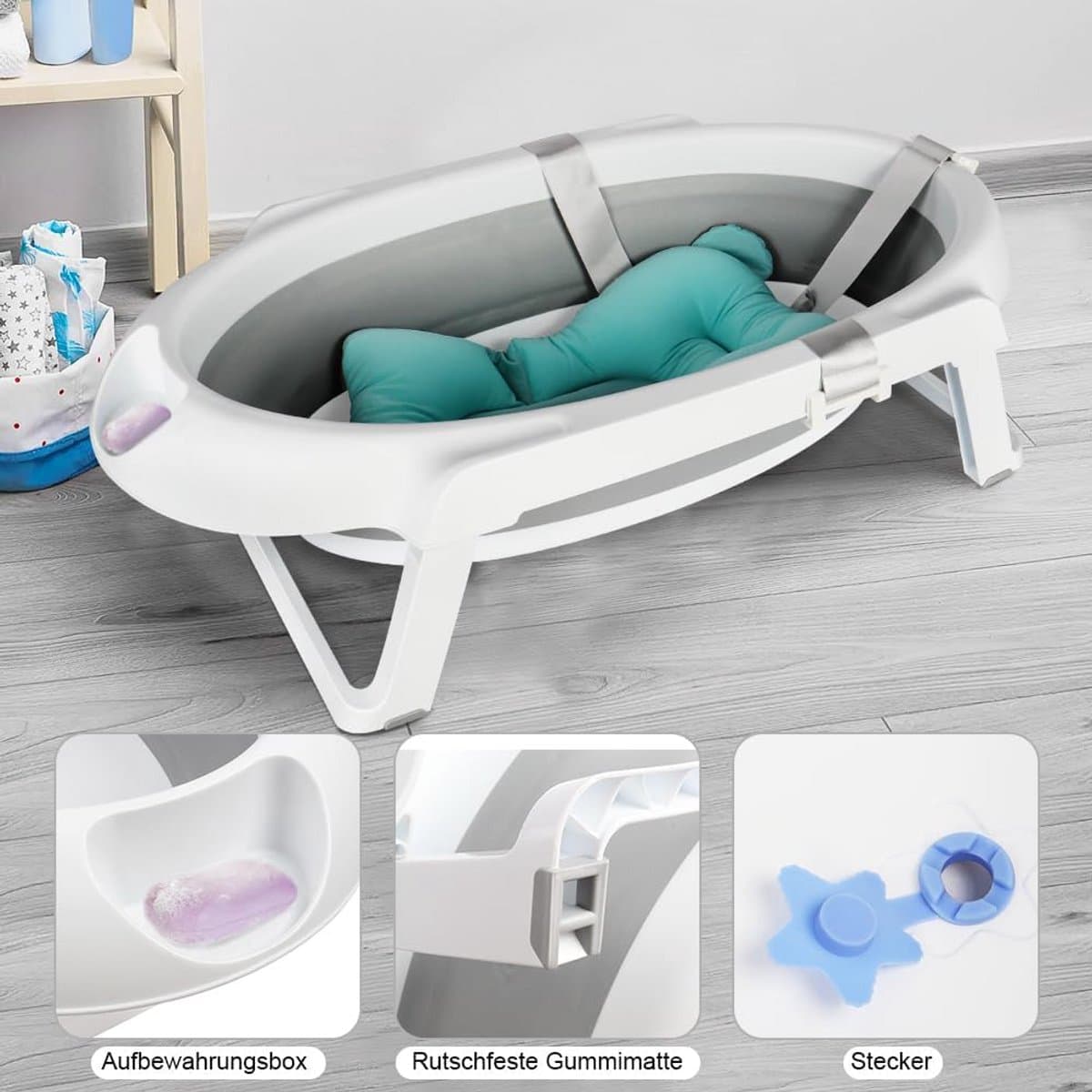 Babybadkuip met frame - Opvouwbaar babybad - Veilig badderen - Inclusief temperatuurindicator - 82 cm - Grijs thumbnail 4