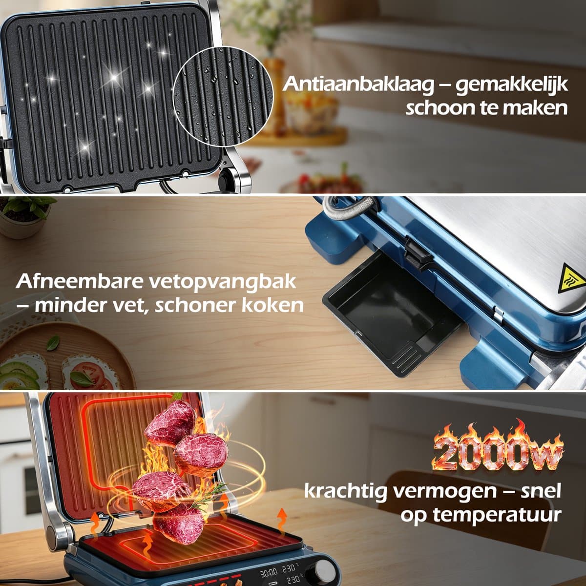 Taylor Swoden Contactgrill - Tosti apparaat - Dubbele Temperatuurregeling - Tosti ijzer - 2000W - Panini Grill met Touchscreen en Draaiknop - 180° Uitklapbaar - Temperatuursonde - Instelbare Hoogte thumbnail 2