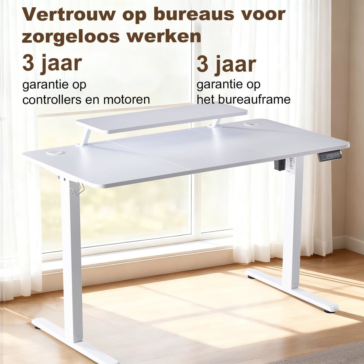 Elektrisch Verstelbaar Bureau 120×60 cm – Hoogte Verstelbaar 73-118 cm – Sta Zit Bureau Met Vaste Monitor Verhoger – Belastbaar 80 kg thumbnail 7