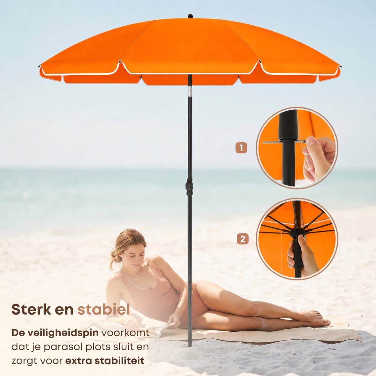 ACAZA Parasol - Strandparasol - Oranje - 200 cm diameter - inclusief Draagtas - Rond - Tuinparasol - Kantelbaar - Waterdicht - Terras Parasol voor Appartement - Parasol Strand - Tot 3 Personen thumbnail 8