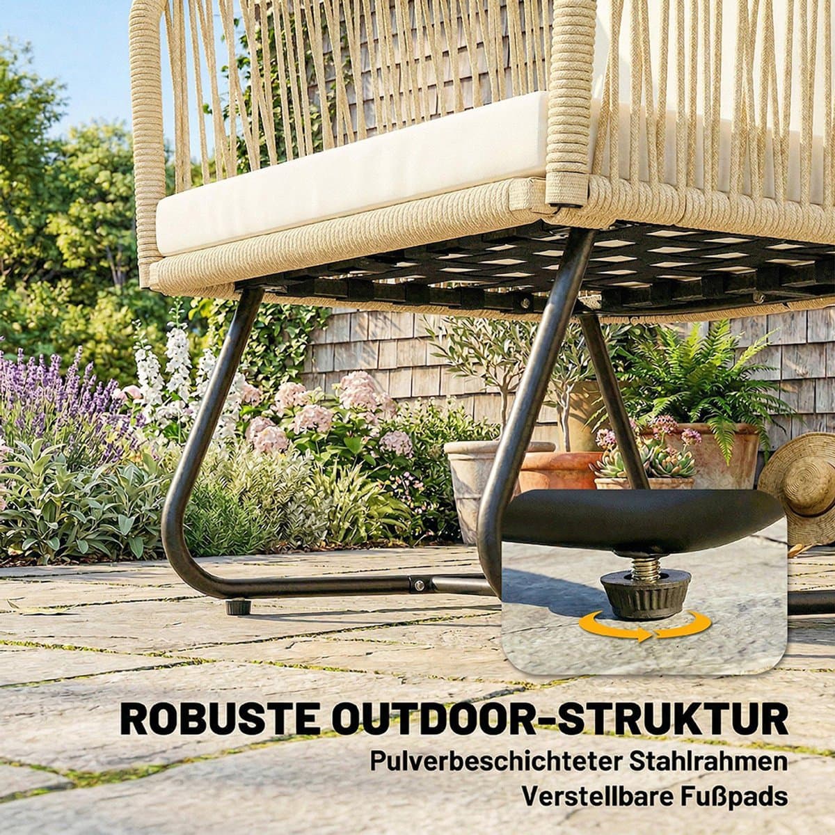 Pugsdrly Rotan bistroset 3-delige FSC-tuinsetset met 2 fauteuils, lamellenhouten tafel, dikke wasbare kussens, stalen frame thumbnail 4