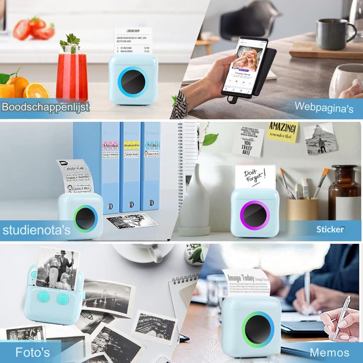 TIM® Mini Printer – Mini Printer voor Mobiel - Pocket Printer – Foto Printer Draadloos – Mobiele Fotoprinter - Blauw - 3cm x 8cm x 8cm thumbnail 7