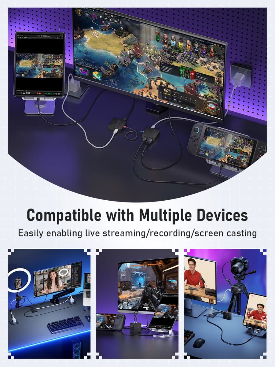 Lemorele AC12 Video Capture Card + Hub + Magnetisch – 1080P 60Hz – HDMI Passthrough – USB-C – 100W PD thumbnail 6