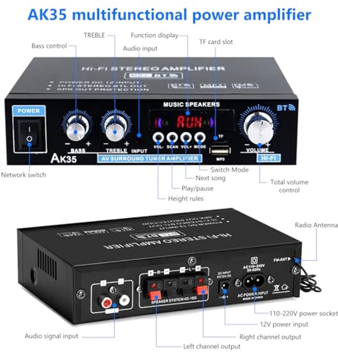 AK45 HiFi Amplifier, Bluetooth 5.0, Mini Bluetooth Stereo, Hi-Fi Stereo, Audio Amplifier with USB/MIC/FM/TF Audio Amplifier with Bass Treble Tuner, Digital Remote Control, for Home or Car thumbnail 7