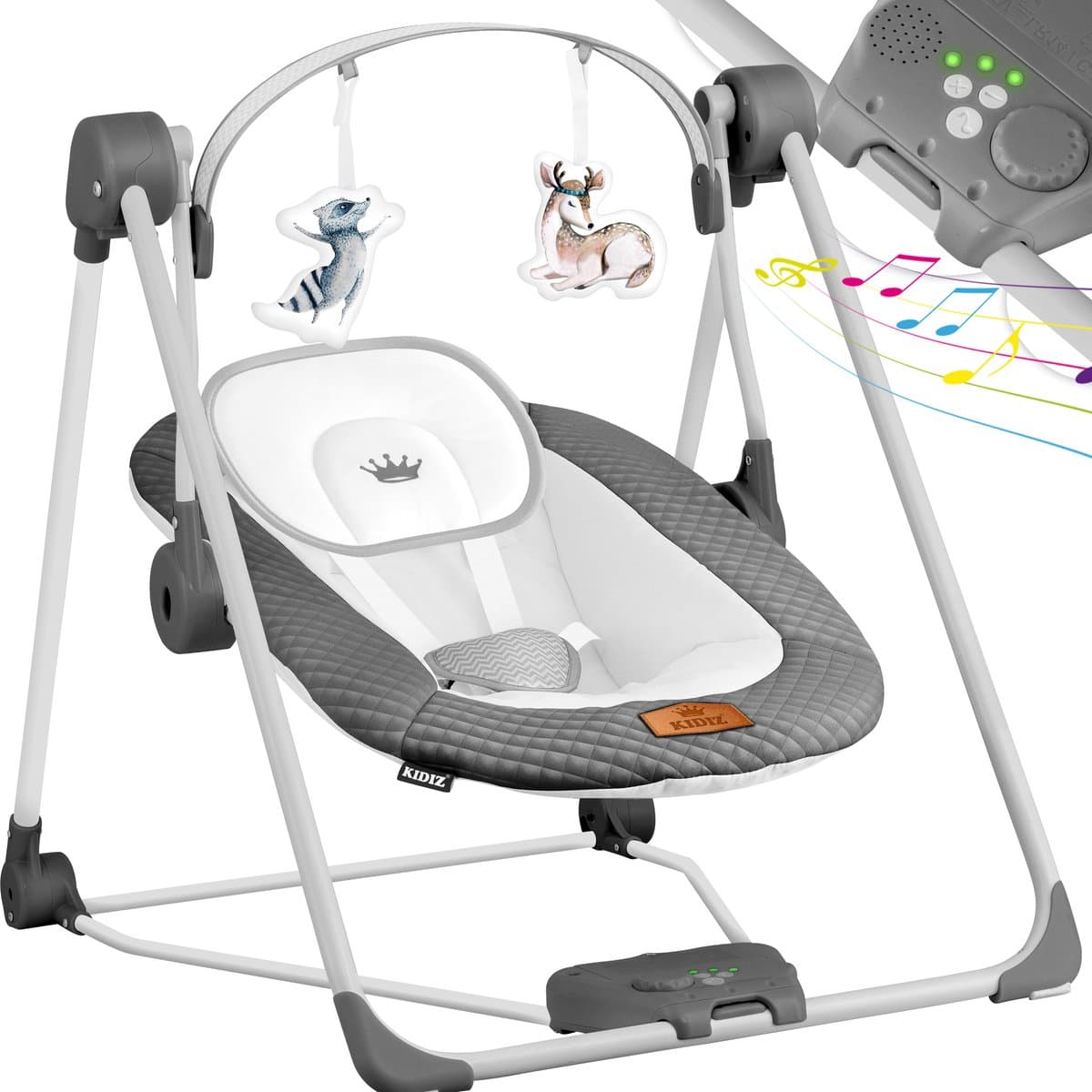 KIDIZ® Wipstoel Baby Elektrisch Babyschommel tot max 9kg - Schommelstoel voor Baby Swing met Speelboog en 5 schommelsnelheden - Antraciet