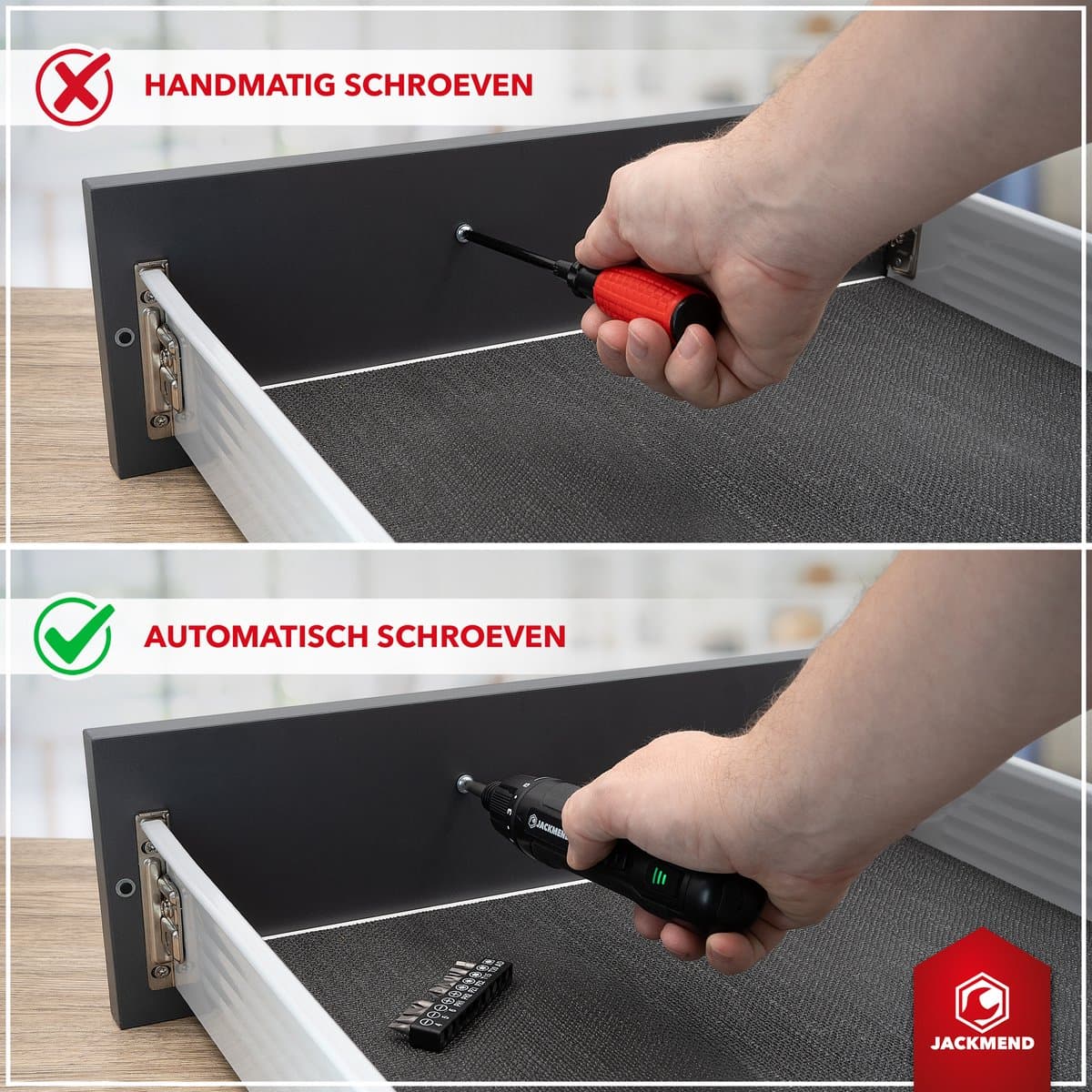 JACKMEND Accu Schroefmachine Inclusief 13-Delige Bit Set en 3.6V Lithium-Ion-Accu - Elektrische Schroevendraaier - USB-C Oplaadbaar Boormachine - 360RPM Motor - Zwart thumbnail 7