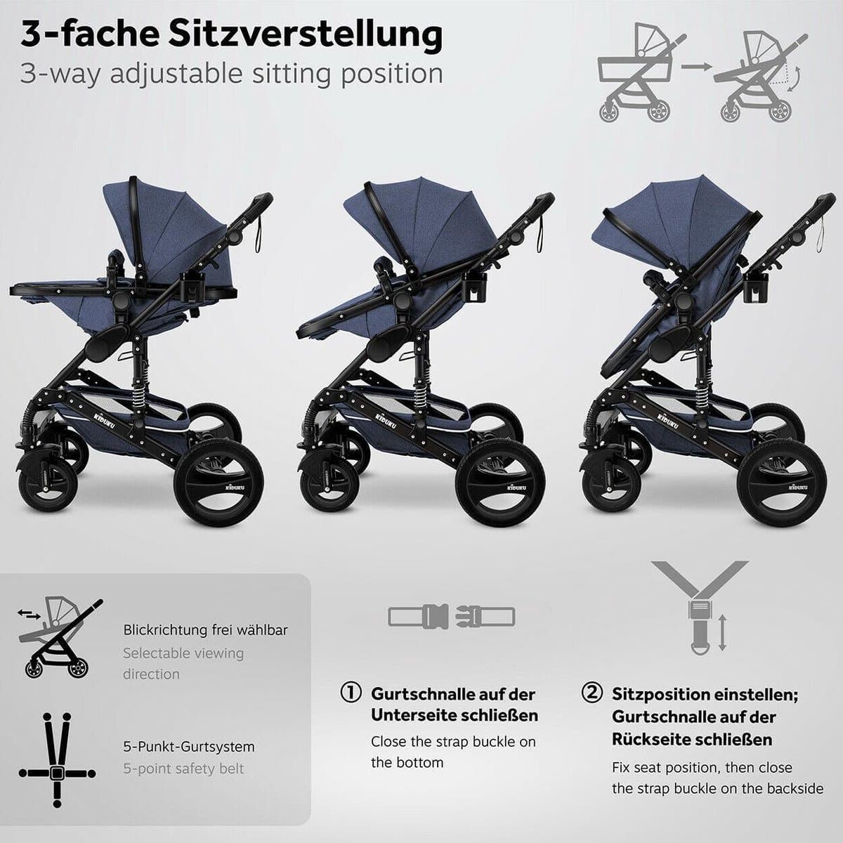 KIDUKU- 3 in 1 combi-kinderwagen- blauw/zwart- buggy incl. autostoeltje-regenhoes- inklapbaar thumbnail 6