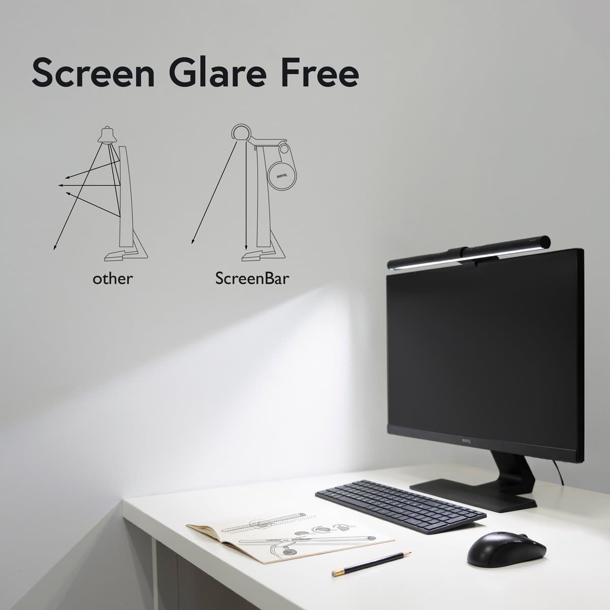 BenQ Screenbar Monitor Lamp - Dimbare LED bureaulamp - USB - Klemlamp met Touch Bediening - Instelbare kleurtemperatuur - Lichtsensor - 45cm - Zwart thumbnail 6