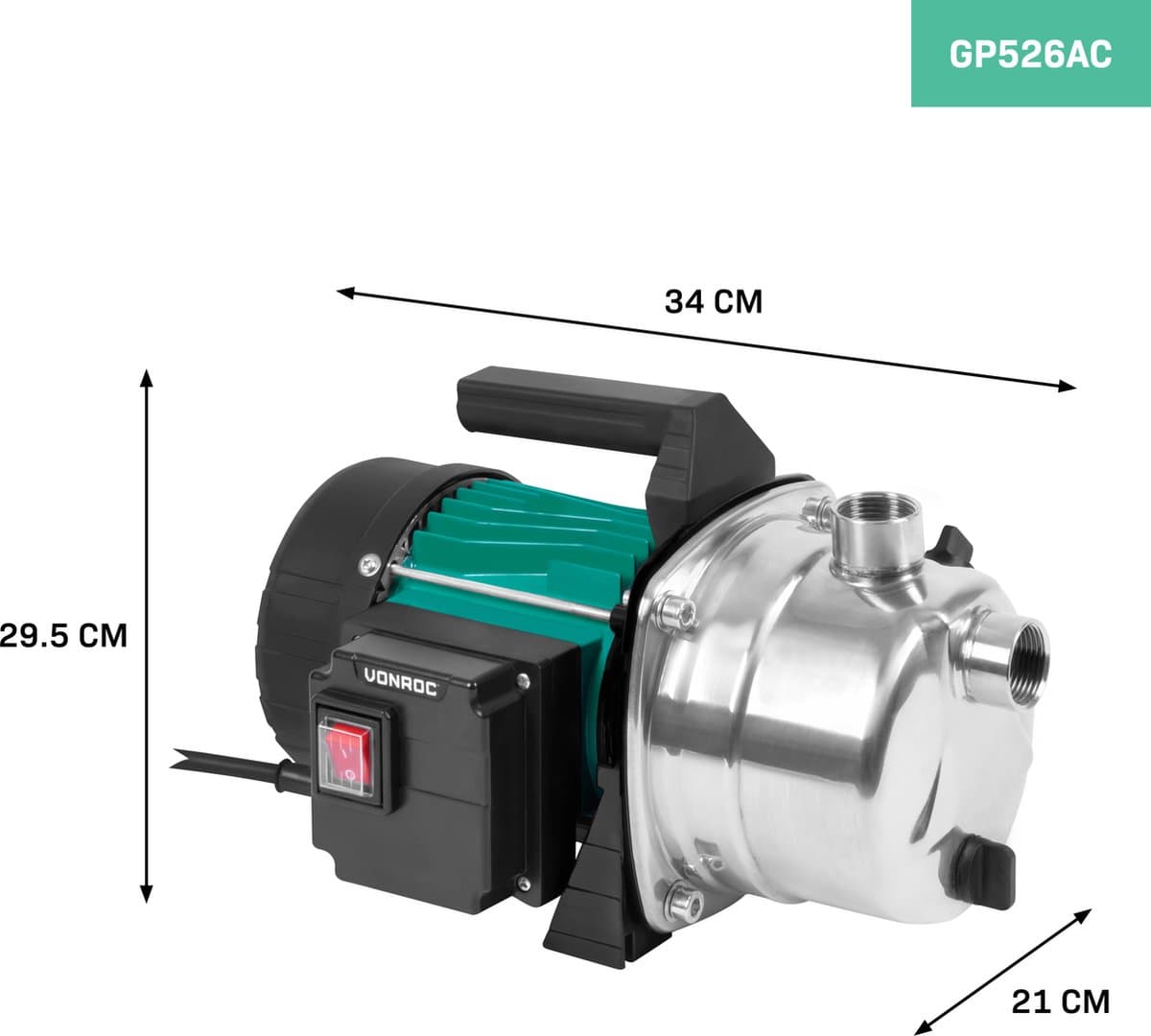 VONROC Beregeningspomp / Waterpomp 1000W - 3500l/h - RVS pomphuis - Voor besproeien van tuin/gazon thumbnail 3