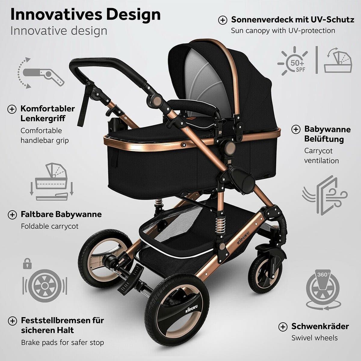 KIDUKU- 3 in 1 combi-kinderwagen- zwart/goud- buggy incl. autostoeltje-regenhoes- inklapbaar thumbnail 7