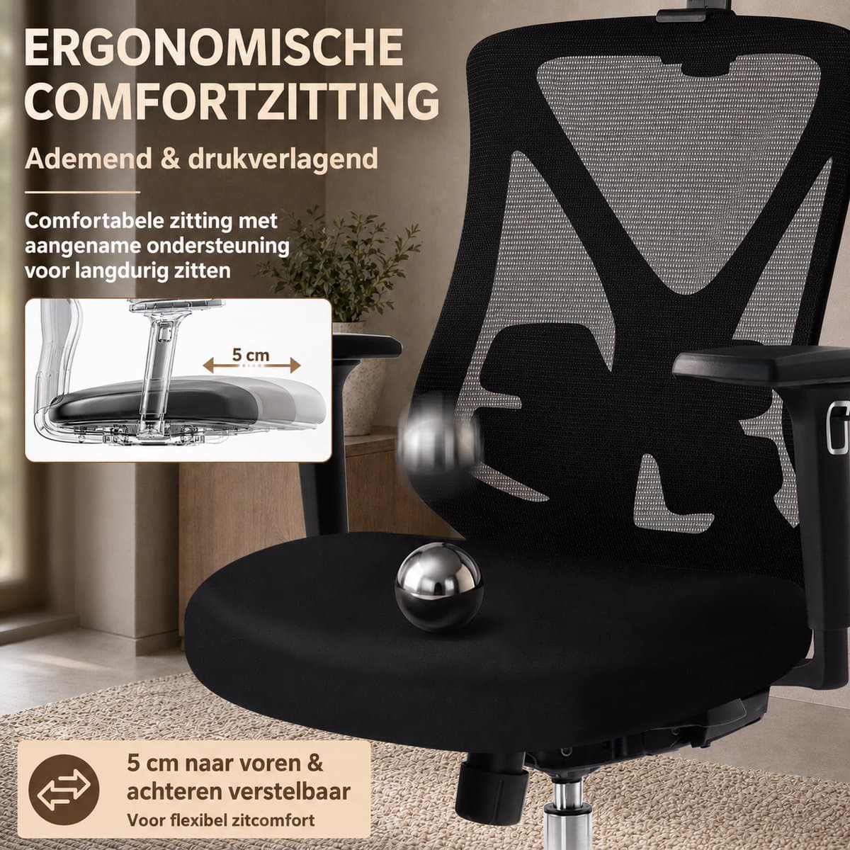Durrafy Ergonomische Bureaustoel 200 kg - NEN-EN1335 Gecertificeerd - Bureaustoelen voor Volwassenen - Office Chair - Computerstoel met 2D Hoofdsteun, 3D Armleuningen, Lendensteun, Zitdiepteverstelling en Ademend Mesh - Zwart thumbnail 3