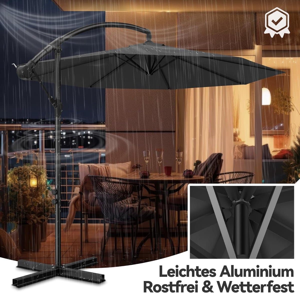 Zweefparasol 300 cm met Zwengel & Kruisvoet – UV-Bescherming – Vrijhangende Tuinparasol voor Terras, Balkon & Tuin – Donker grijs thumbnail 8