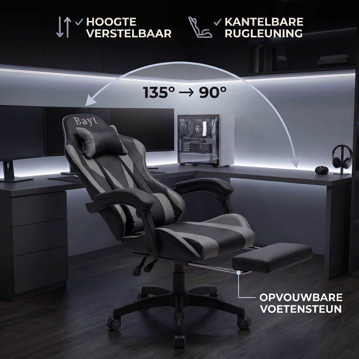 Bayt Gamestoel - Gaming Chair - Gamingstoel - Ergonomische Bureaustoel - Verstelbaar - Zwart en Grijs thumbnail 8
