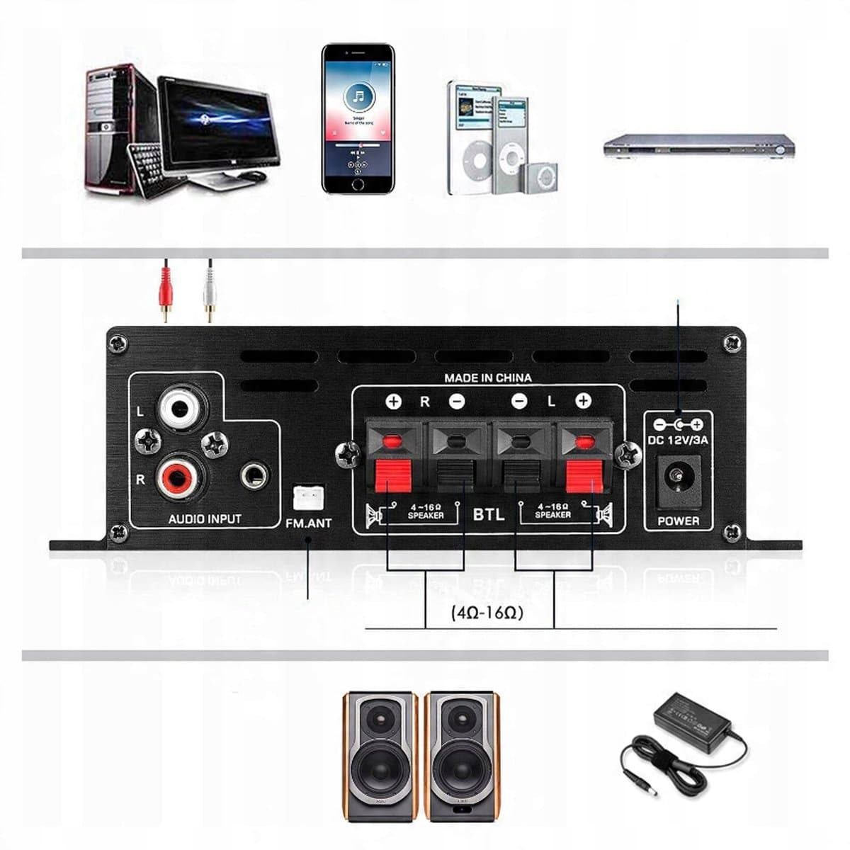 Mini Versterker - HiFi Stereo - Bluetooth - 60W - 2 Kanalen - FM Radio - met Bass- en Treble-regelaar - USB/SD - Afstandsbediening - voor Thuis en Auto - Compact thumbnail 8
