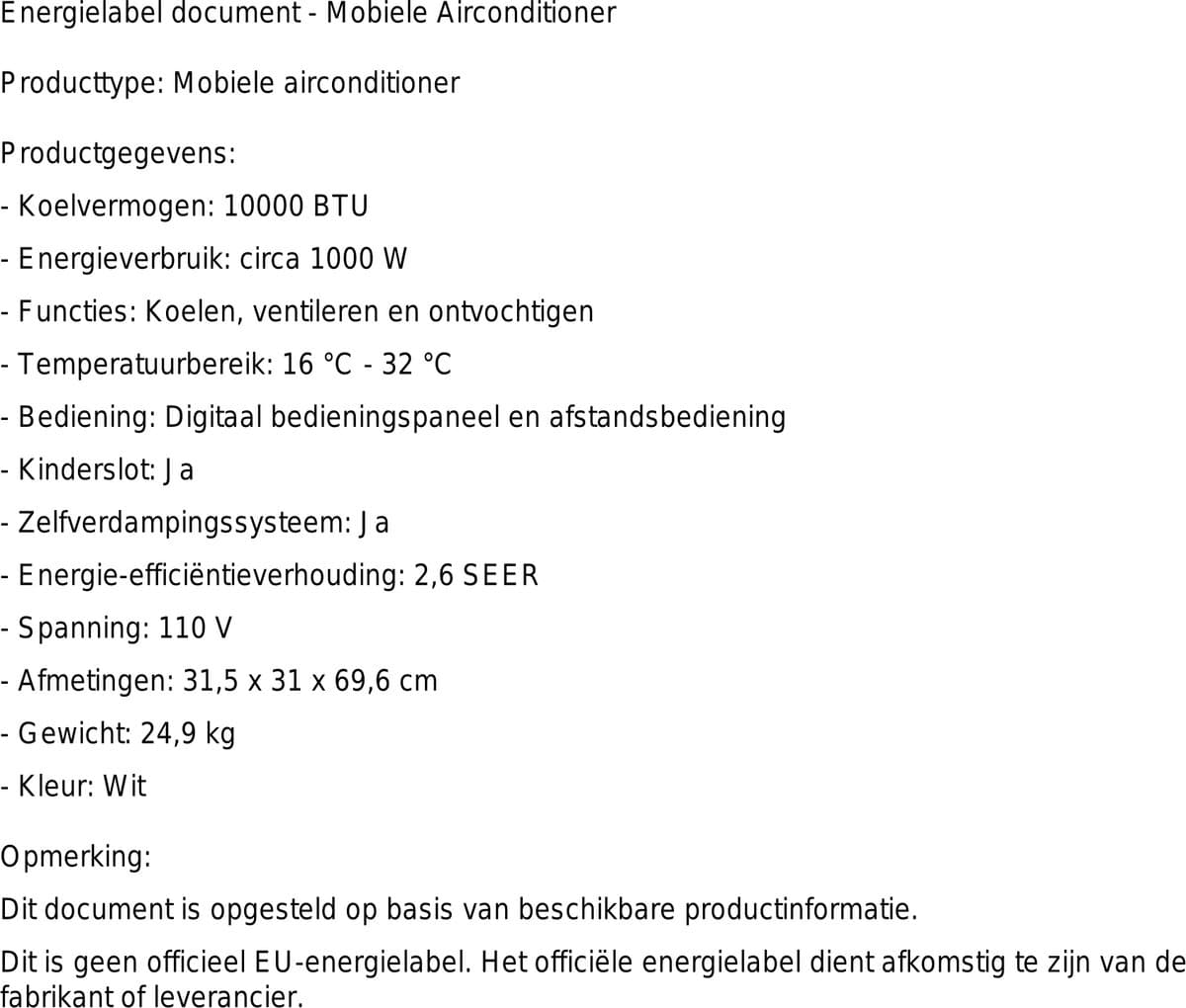 Mobiele airco 10000 BTU – 3-in-1 met ontvochtiger, afstandsbediening, timer en raamkit – tot 42 m² thumbnail 2