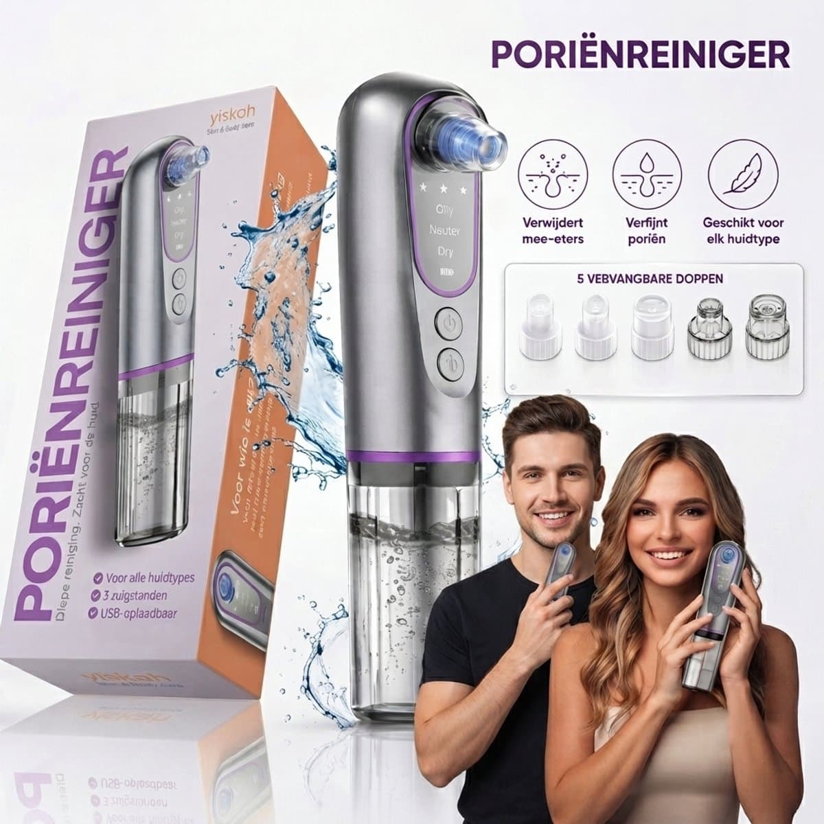 Y!skah Hydro-Facial: Vacuüm-poriënreiniger met 3 zuigstanden en 5 opzetstukken