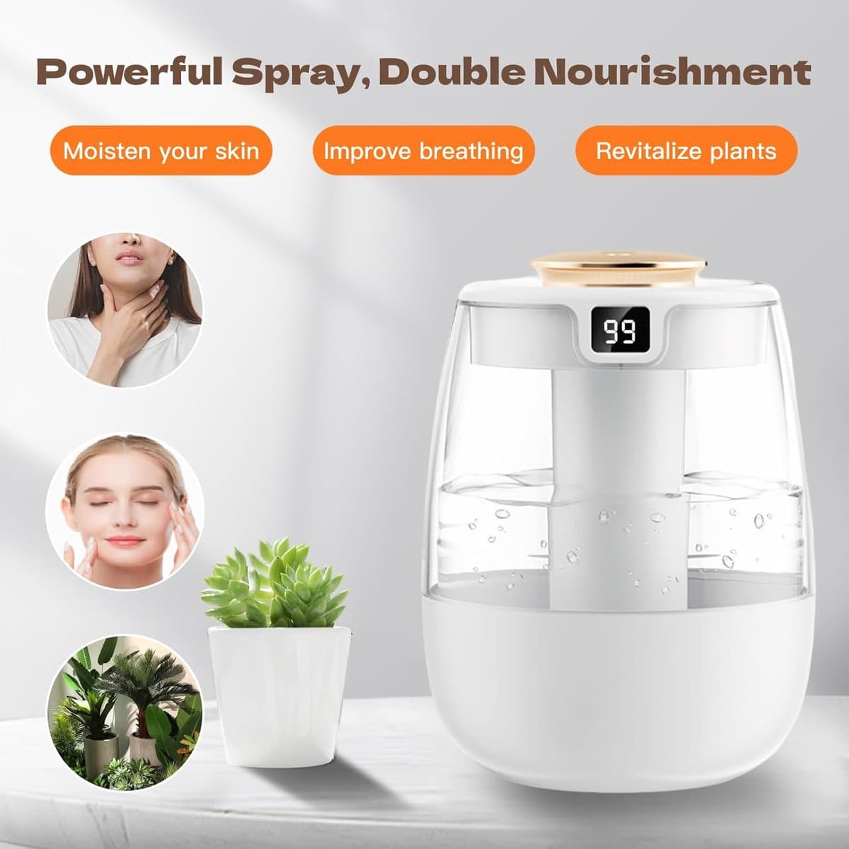 Luchtbevochtiger - met Dubbele Nozzle - 2L Grote Capaciteit - Fluisterstille Bevochtiger - Digitaal Display - Led Nachtlamp - USB-C - Cool Mist Bevochtiger - voor Kantoor, Woonkamer en Planten - Wit thumbnail 5