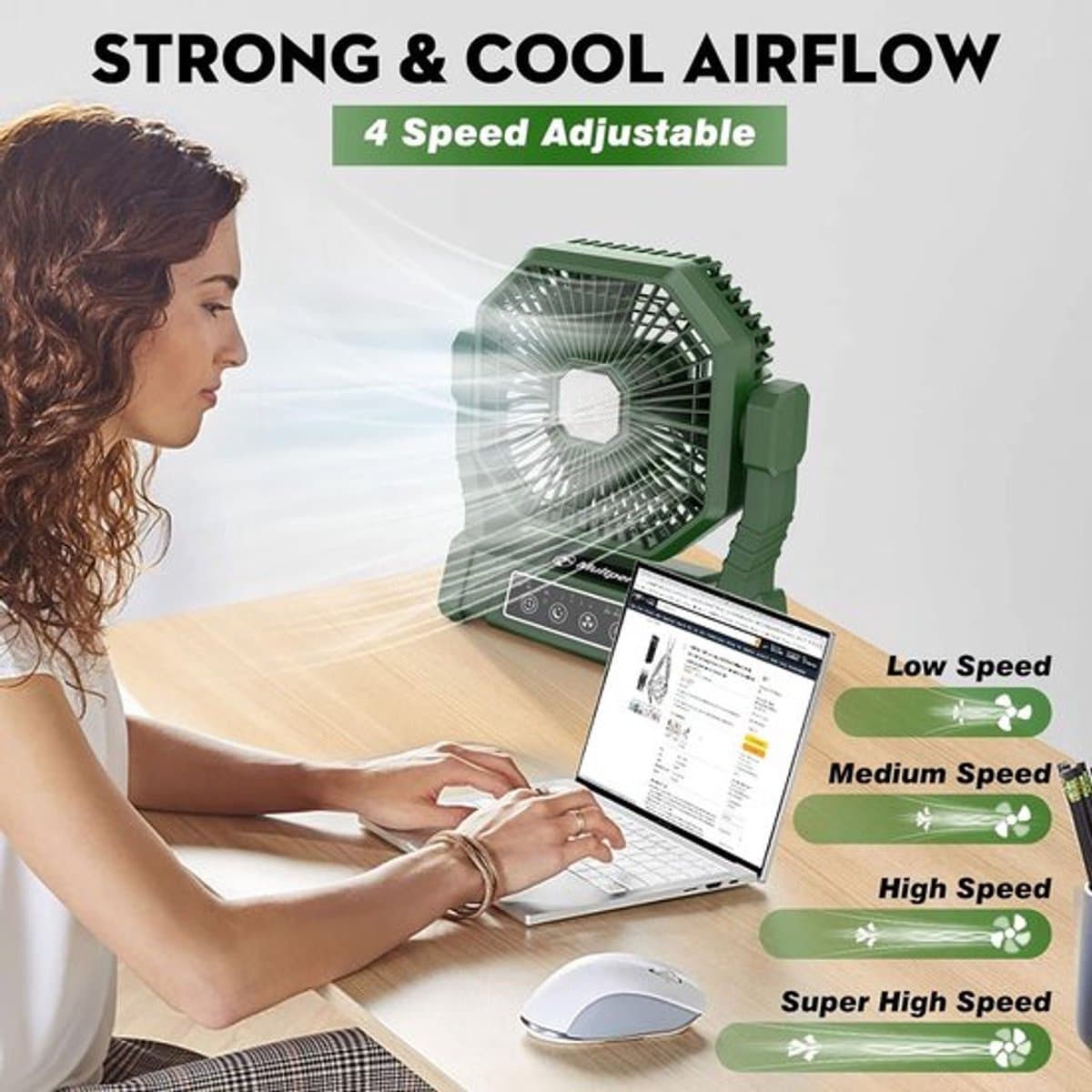 Solvix tafel ventilator geluidloos - Draagbare Tentventilator - Oplaadbaar - LED Lamp met Afstandsbediening - 4 Windsnelheden - Voor Buitenactiviteiten thumbnail 2