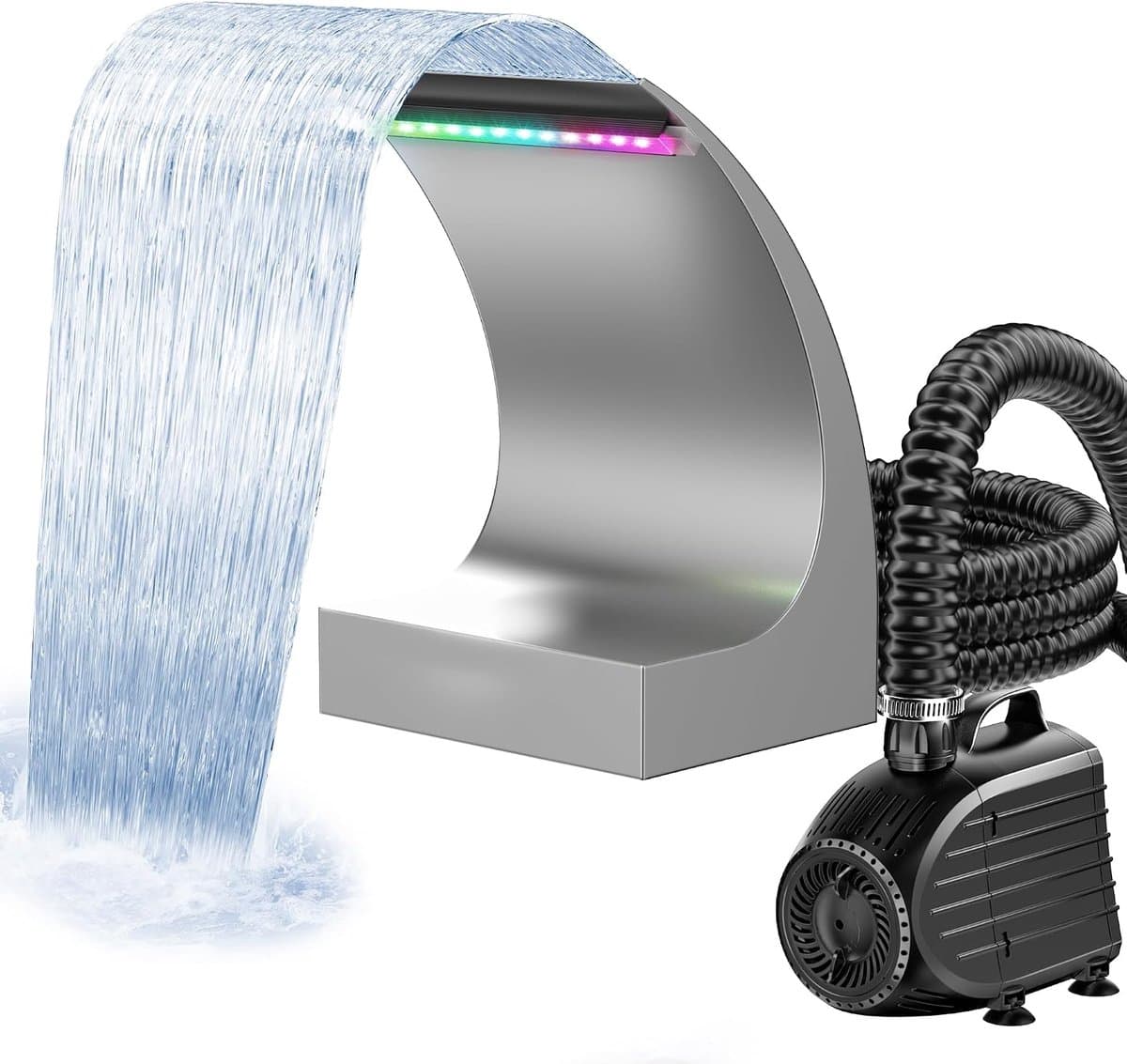 POPOSOAP 200C Overloopset voor waterval-20 cm roestvrijstalen uitloop-4500 l/u vijverpomp met ledverlichting-alles-in-één voor tuinvijvers-zwembaden en compacte tuinen[Energieklasse B]