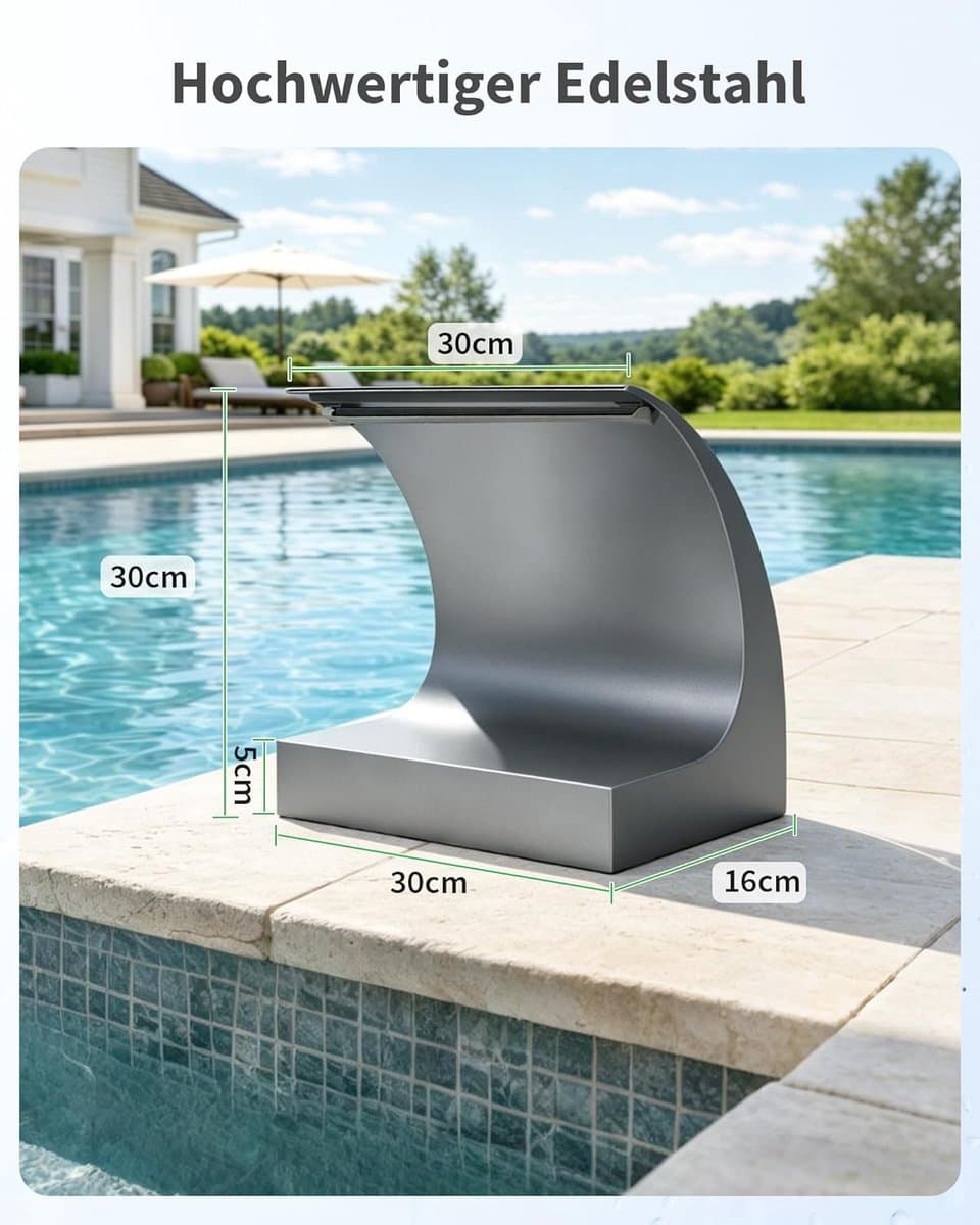 POPOSOAP 300C Watervalset voor vijvers-30 cm roestvrijstalen uitloop-6000 l/u 24V DC-pomp met ledverlichting-alles-in-één voor tuinvijvers-zwembaden en kleine tuinen[Energieklasse B] thumbnail 3